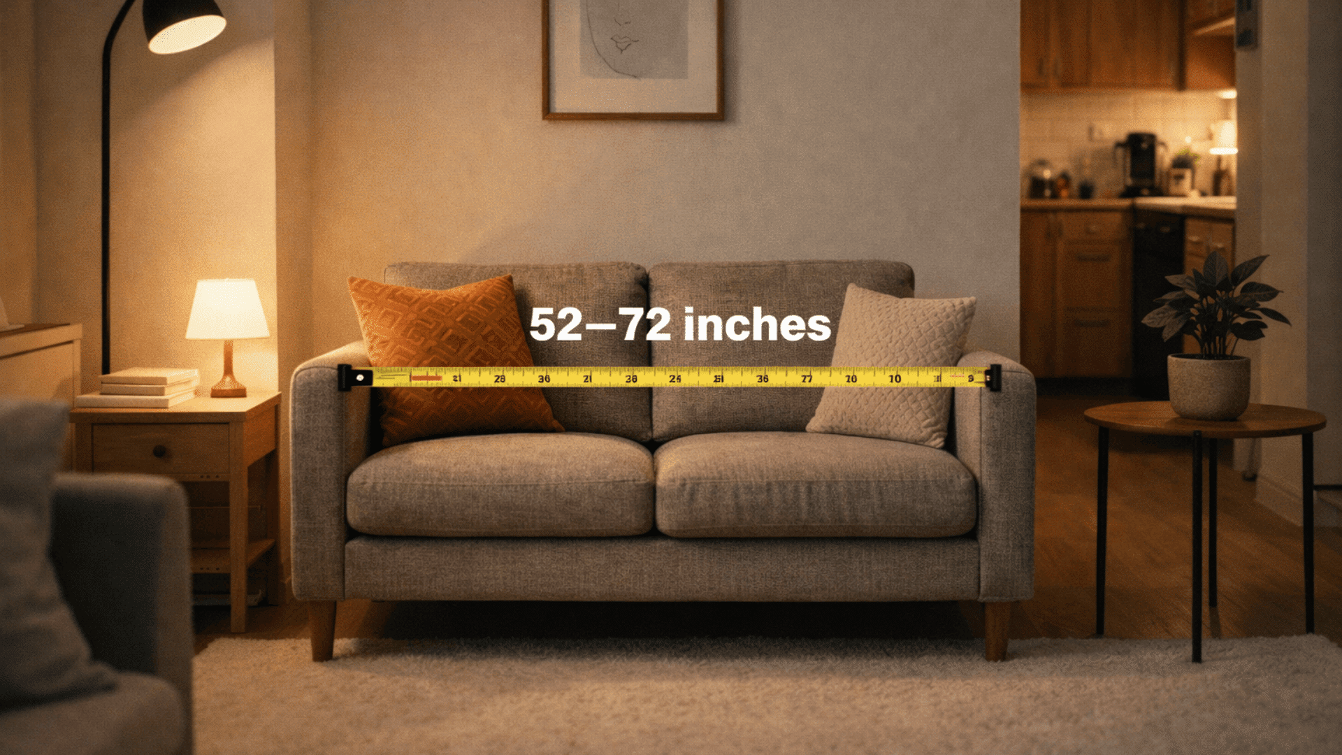_Compact apartment living room with loveseat sofa, warm lighting, cushions, and measuring tape overlay showing 52–72 inches width