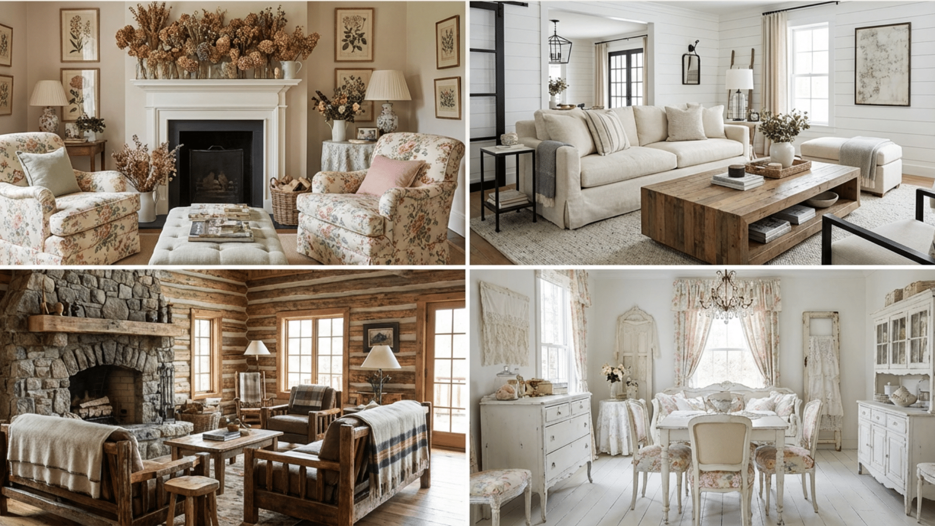 Comparison of cottagecore, farmhouse, rustic, and shabby chic interior styles