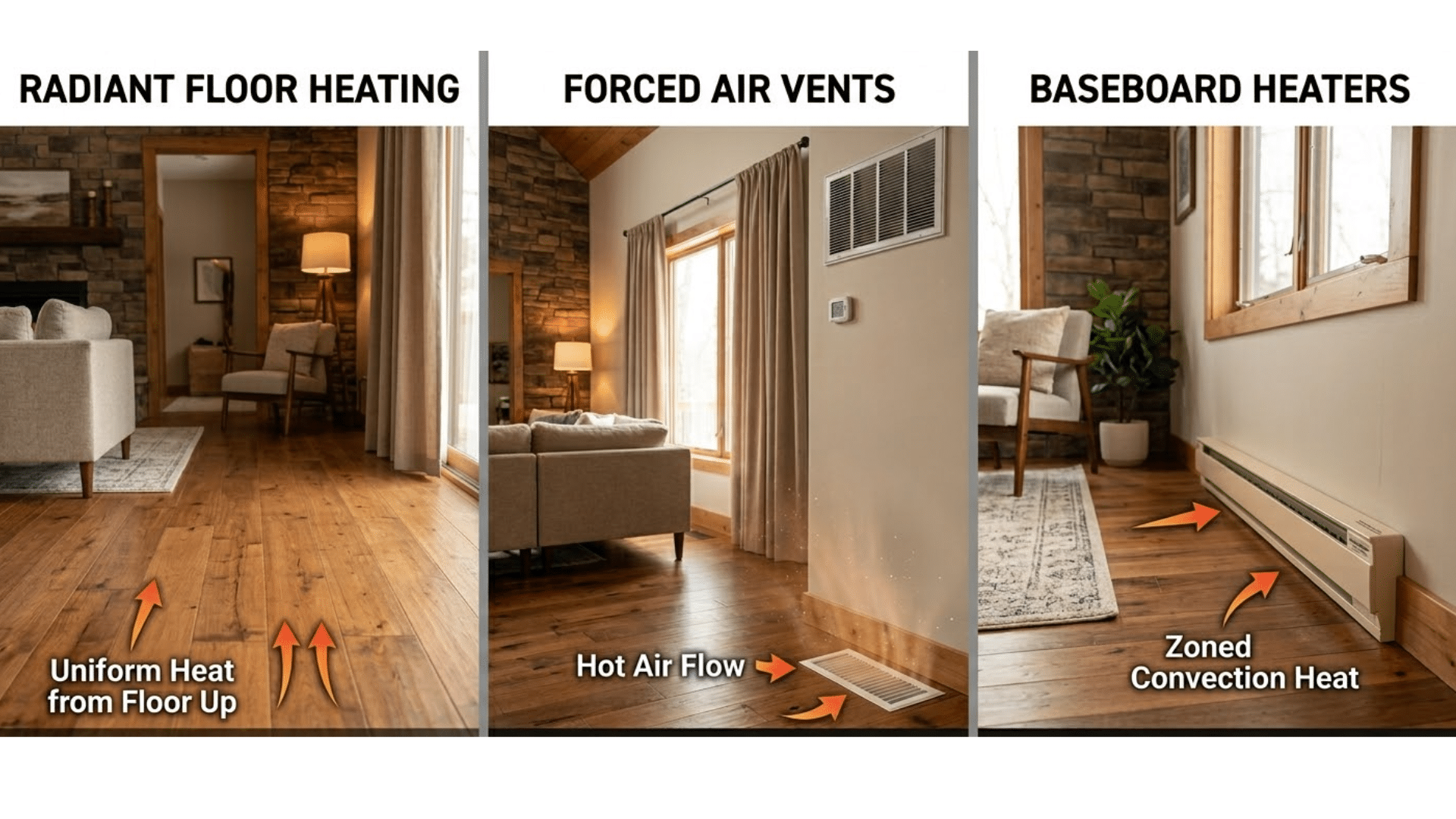 Comparison of radiant floor heating with forced air and baseboard heating systems in homes
