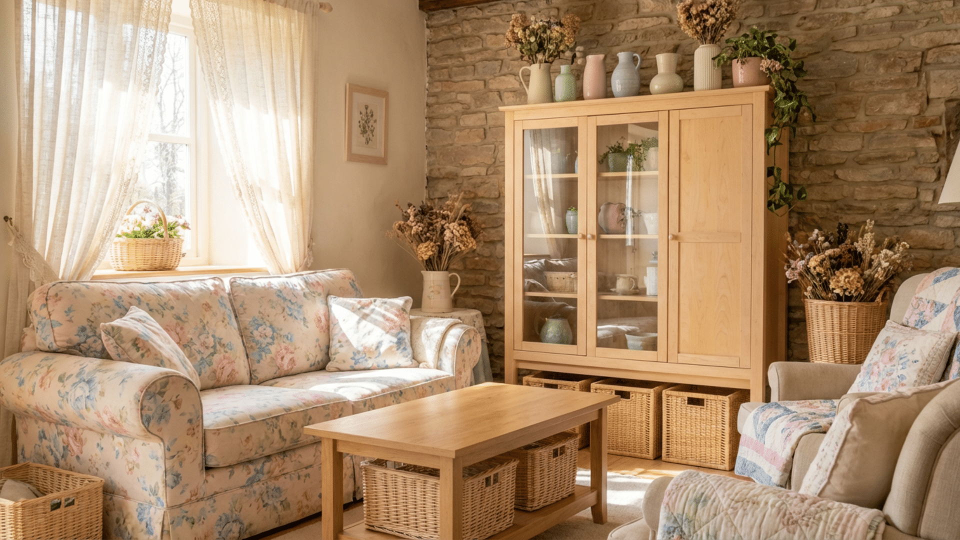 Cottagecore furniture and decor with antique wooden cabinet and floral textiles