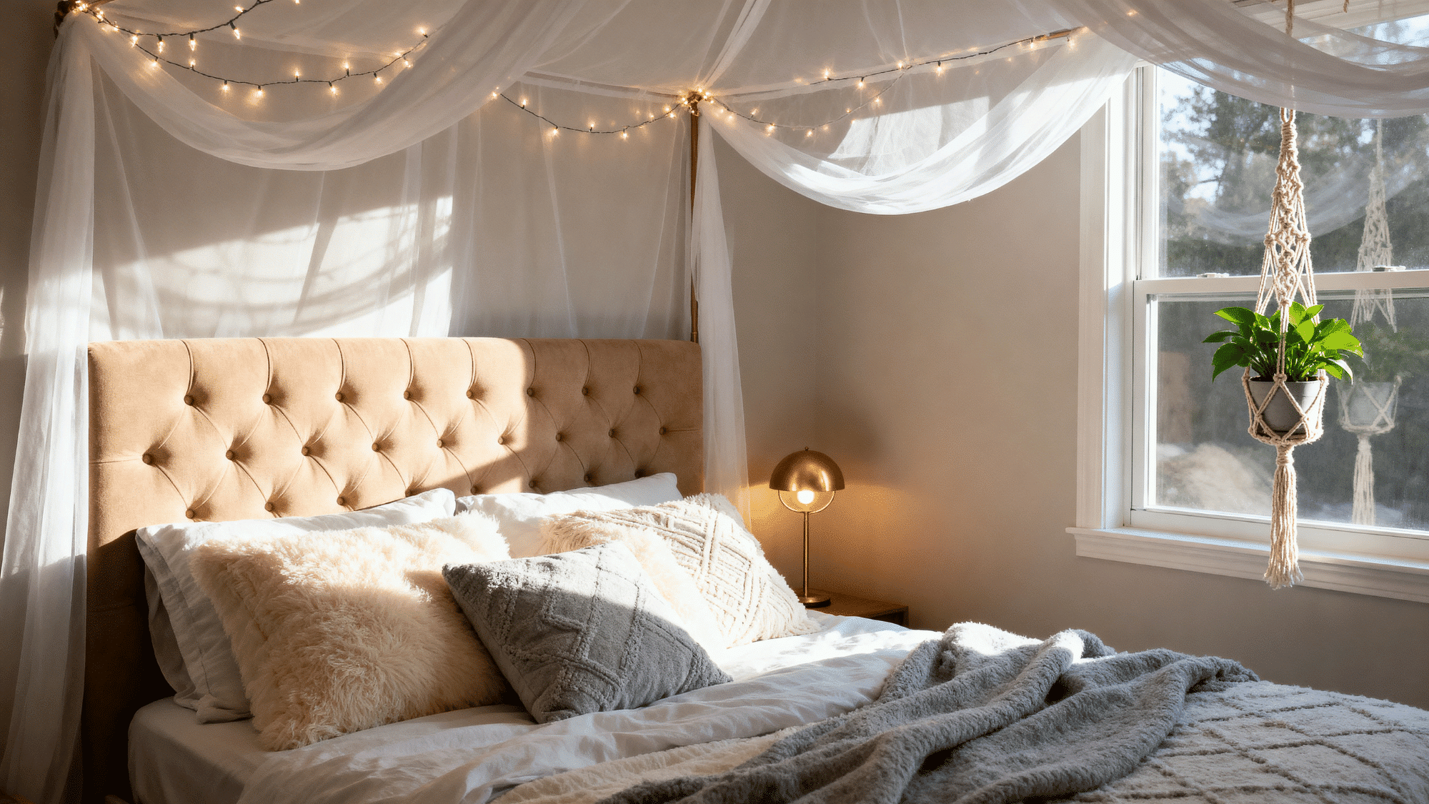 Cozy bedroom with canopy lights, tufted headboard, and hanging plants