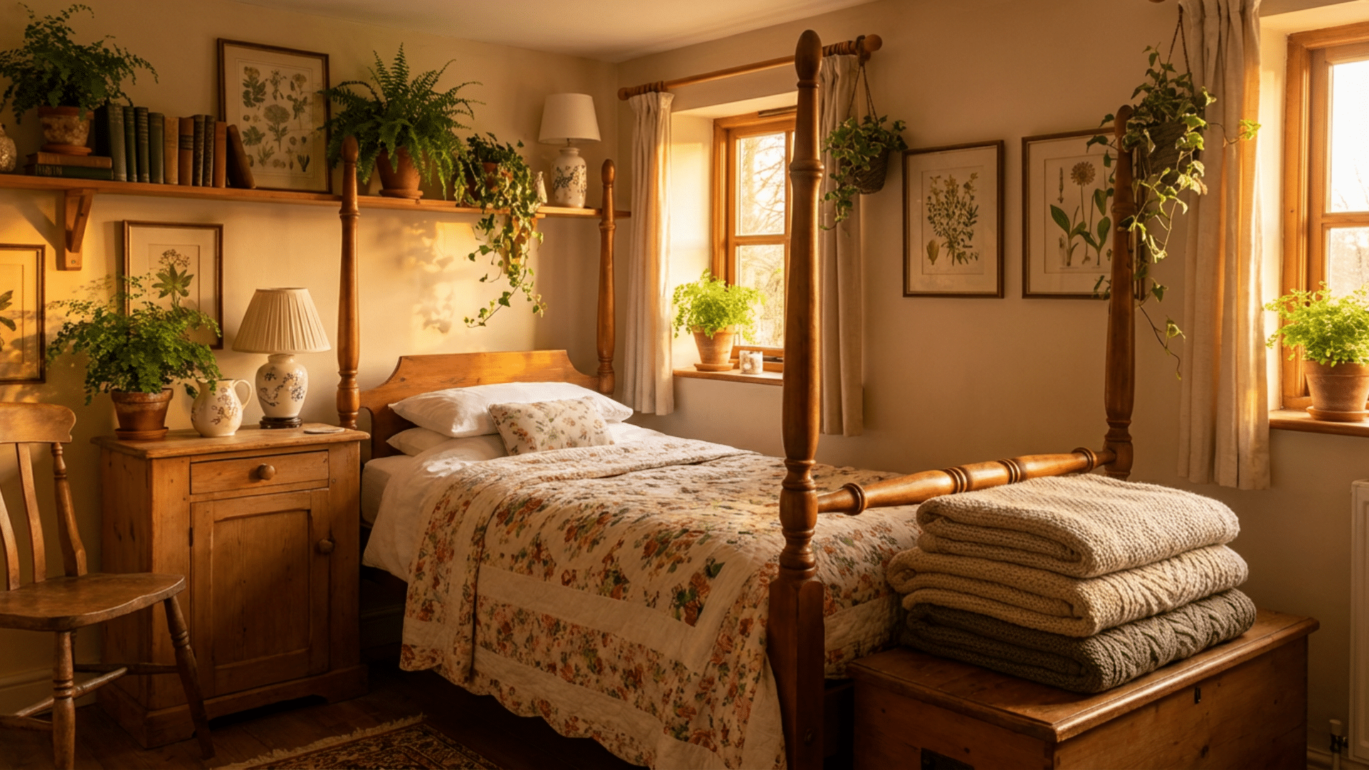 Cozy cottagecore bedroom showing vintage decor and natural textures