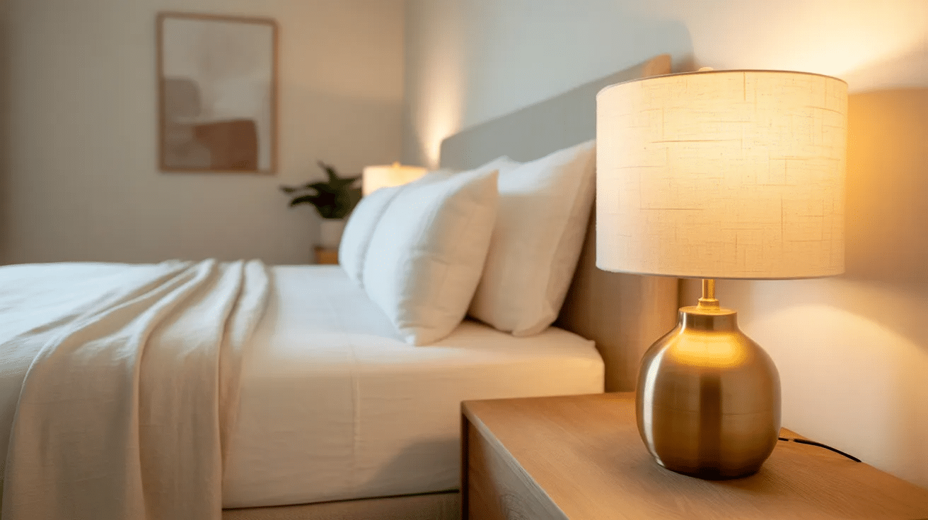 Cozy guest bedroom with soft bedding, neutral tones, bedside lamp, and a clean inviting layout