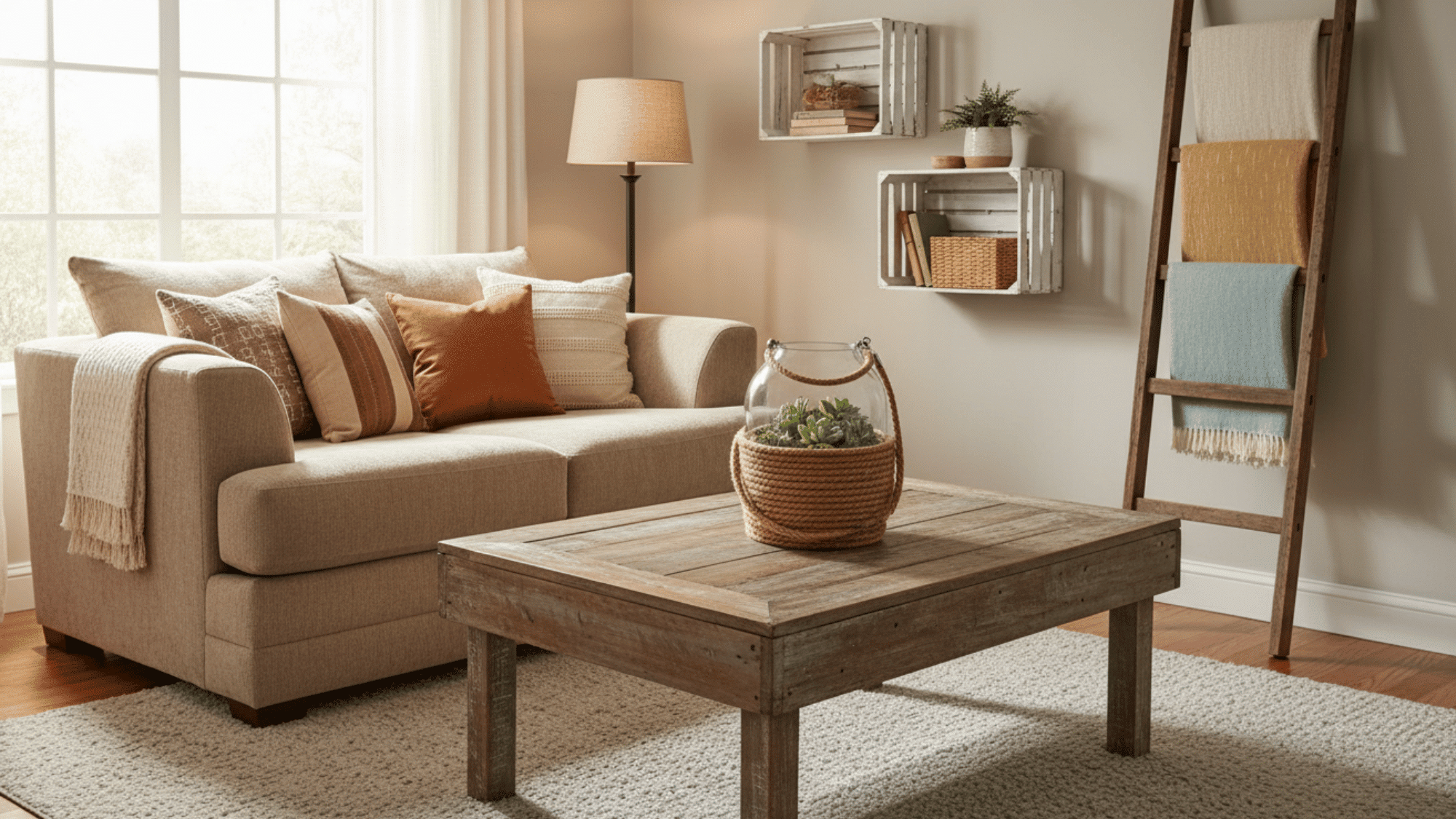 Cozy living room with DIY shelves, ladder, and rustic coffee table decor