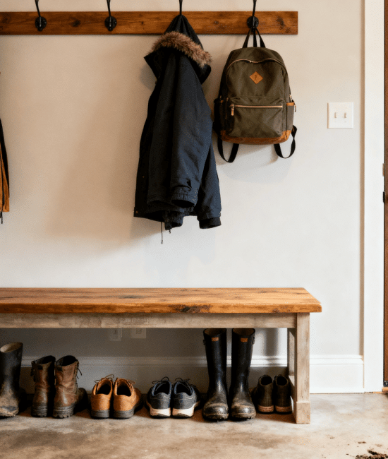 Cozy mudroom with wooden bench, coats and bags on hooks, shoes neatly arranged below, and muddy footprints on rug near entry door