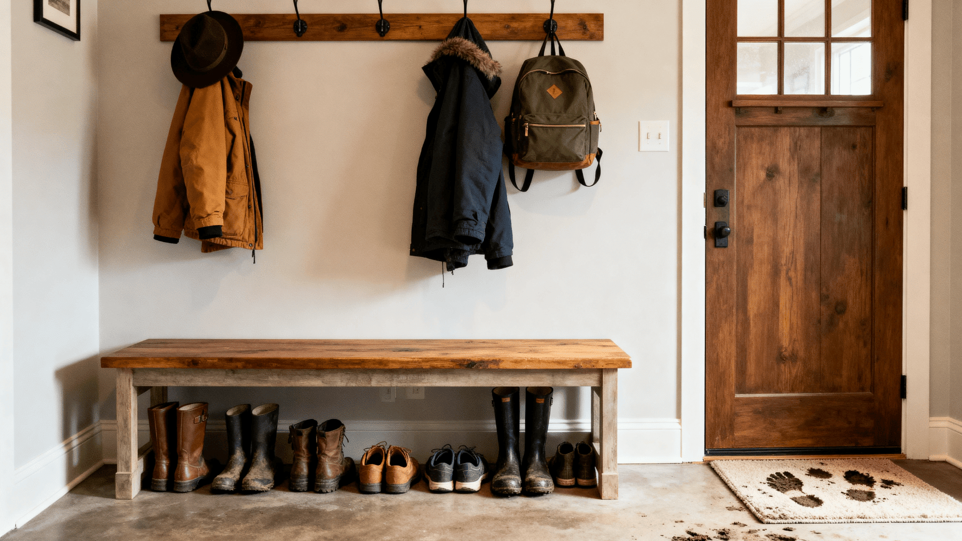 Cozy mudroom with wooden bench, coats and bags on hooks, shoes neatly arranged below, and muddy footprints on rug near entry door