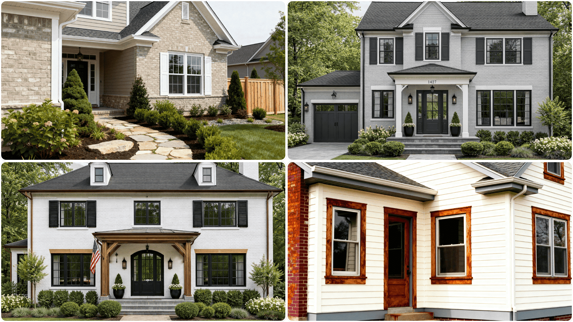 Creamy off-white brick home exteriors with warm wood trim, gray accents, landscaped yards, and welcoming front porches in classic suburban styles.