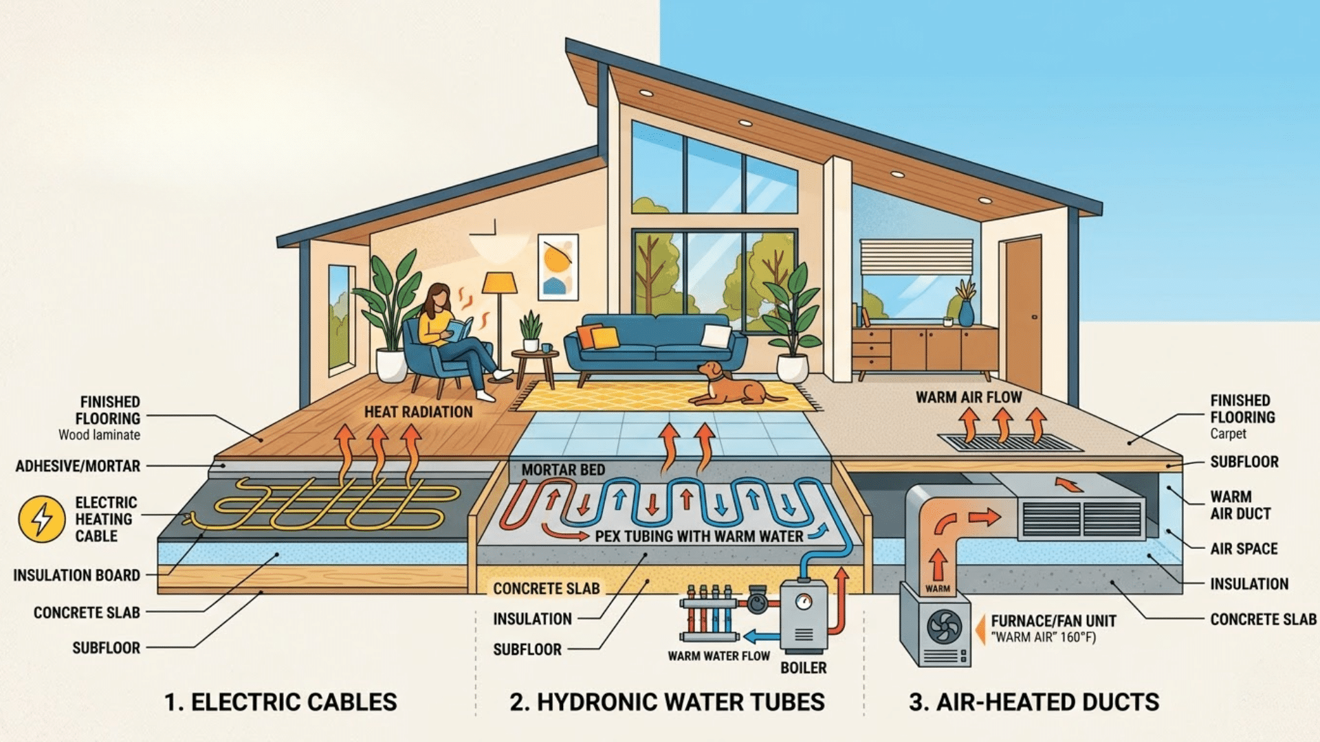 Cross-section of a home showing electric cables, water tubes, and air ducts used in radiant floor heating systems