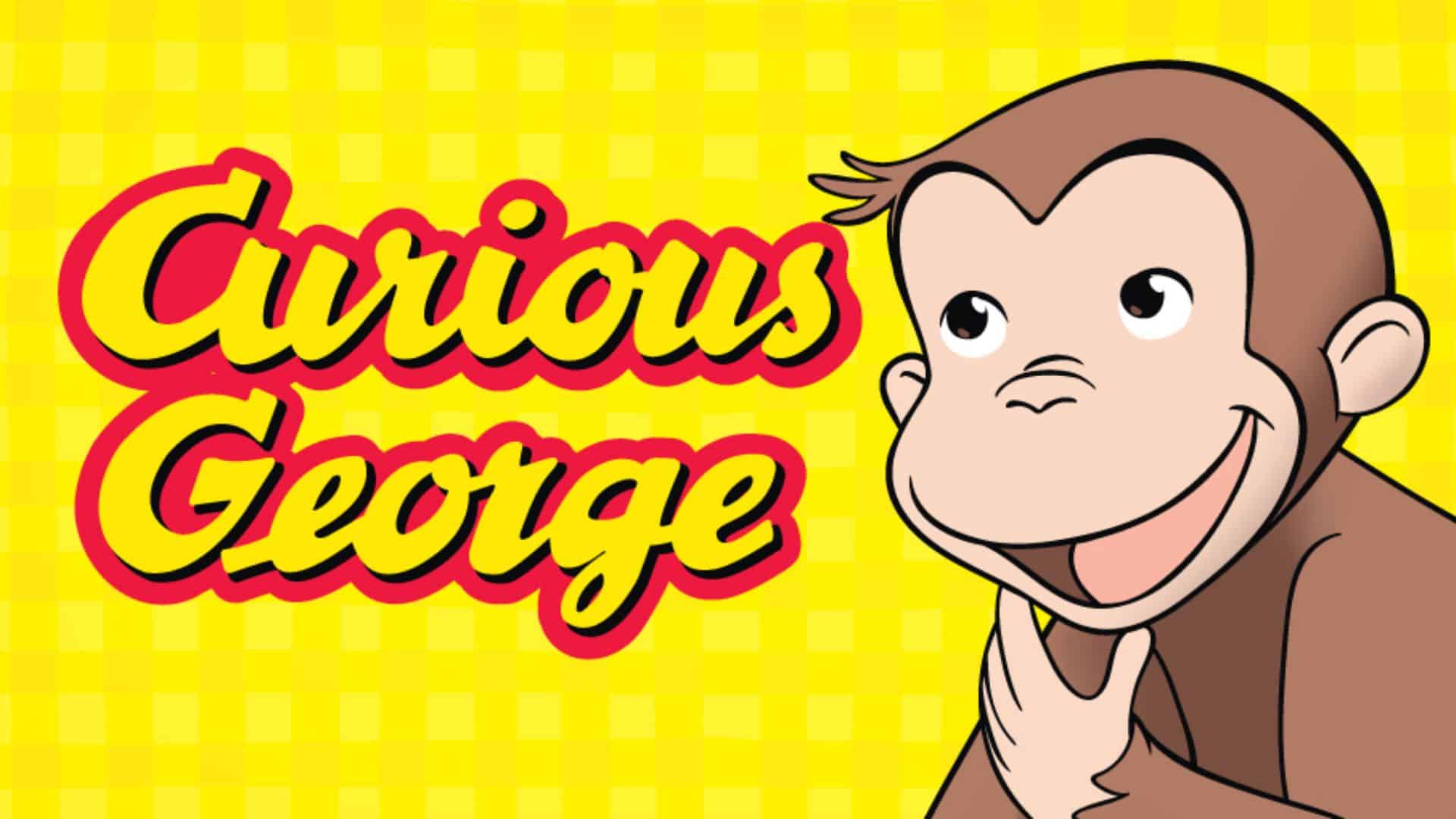 Curious George smiling on a bright yellow background, a beloved cartoon from one of the best educational shows for kids encouraging curiosity and learning