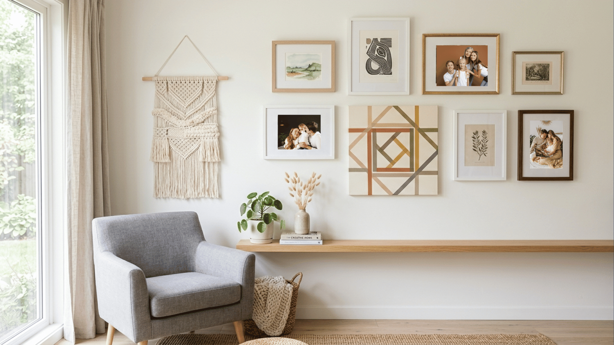DIY gallery wall with frames, macrame hanging, and geometric canvas art