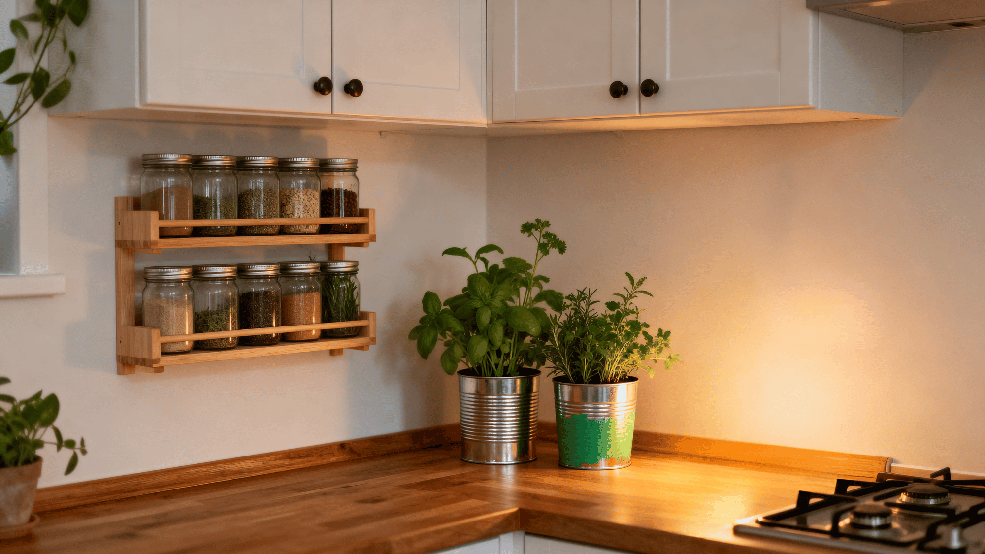 DIY kitchen decor with spice jars, herb planters, and bottle lamp lighting