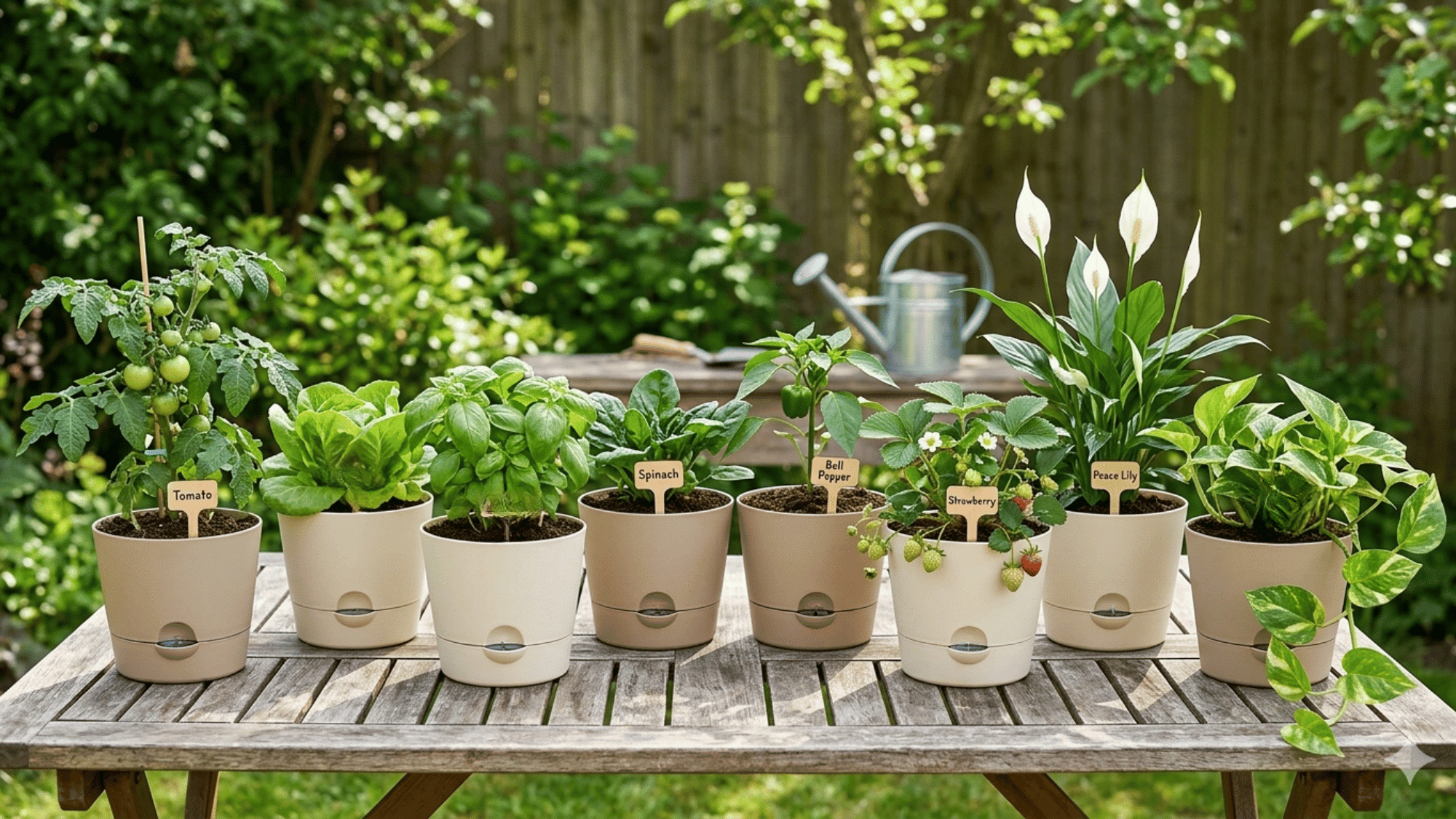 Different plants like tomatoes, lettuce, herbs, and pothos growing in self watering pots.