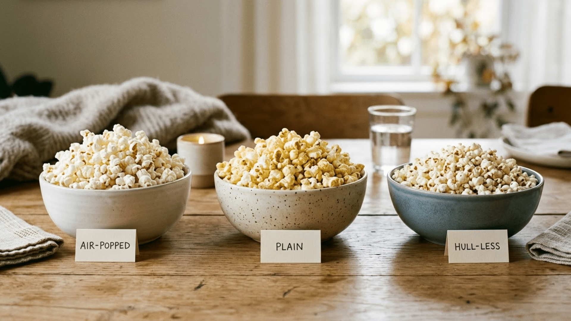 Different types of popcorn including air popped and plain varieties shown as safer options for kids