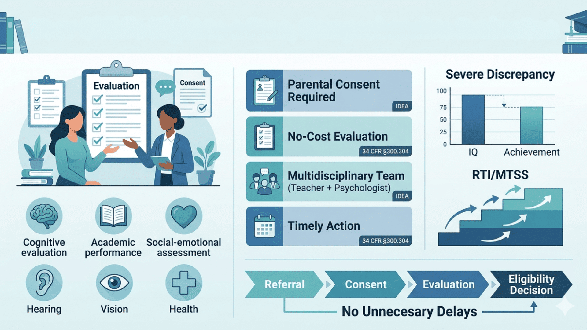 Educational infographic on special education rights sections cover evaluation areas, parental consent, and the RTIMTSS process.
