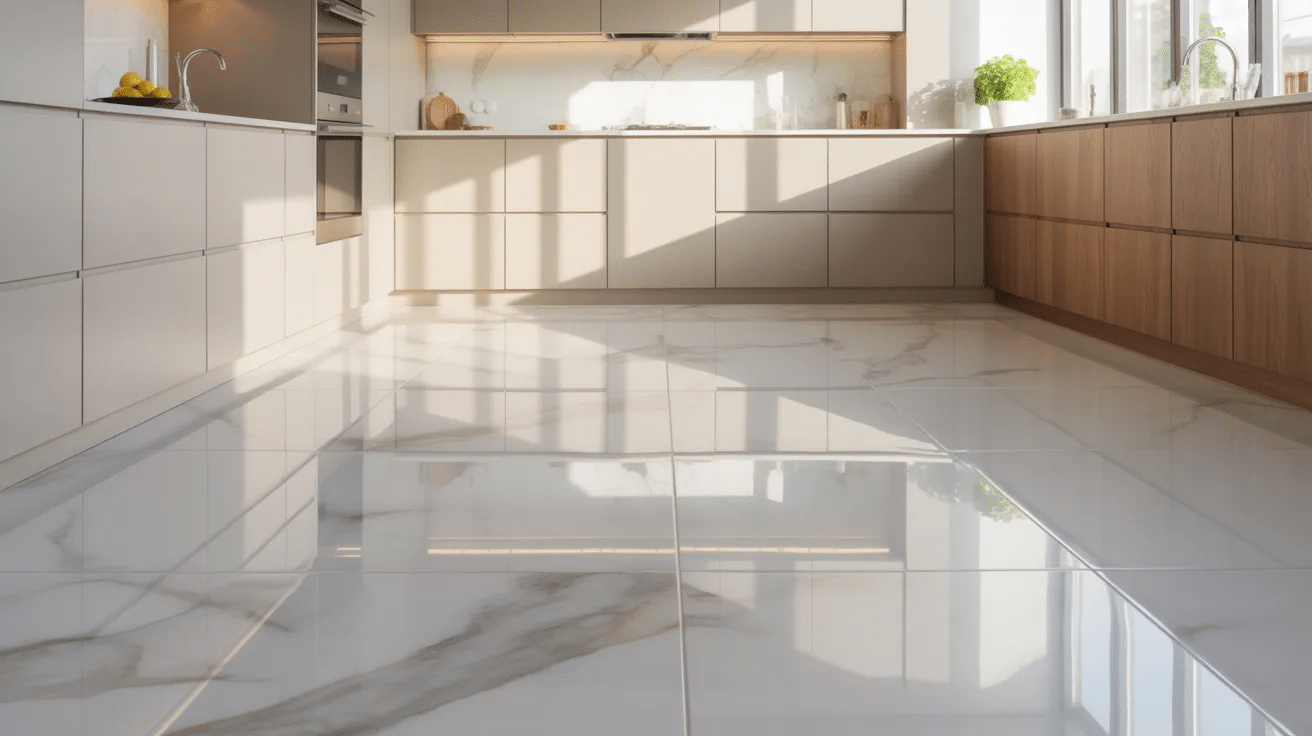 Elegant kitchen with white marble tile flooring, showing soft veining and a clean, timeless design style.