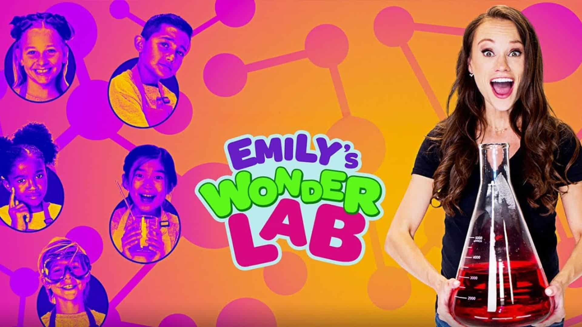 Emily from Emily’s Wonder Lab holding a science flask, a fun experiment show and one of the best educational shows for kids about science and curiosity