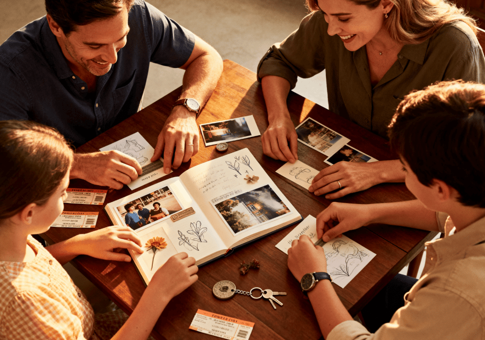 Family gathered around a table creating a scrapbook with photos, drawings, and keepsakes, sharing memories and bonding together.