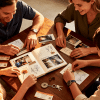 Family gathered around a table creating a scrapbook with photos, drawings, and keepsakes, sharing memories and bonding together.
