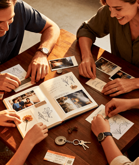Family gathered around a table creating a scrapbook with photos, drawings, and keepsakes, sharing memories and bonding together.