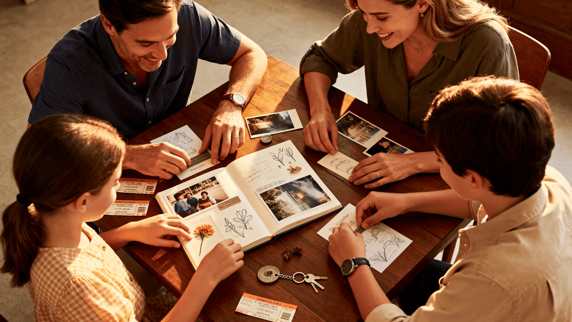 Family gathered around a table creating a scrapbook with photos, drawings, and keepsakes, sharing memories and bonding together.