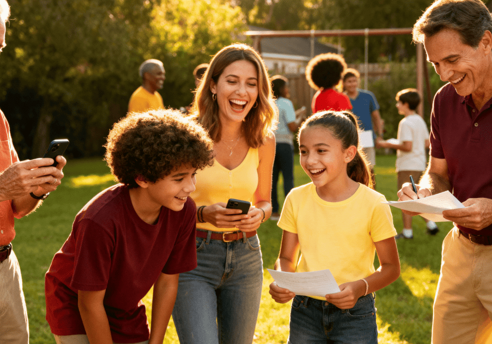 Family playing scavenger hunt at reunion, laughing while reading clues and using phones together in a sunny backyard setting