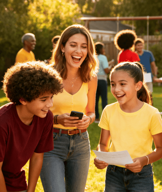Family playing scavenger hunt at reunion, laughing while reading clues and using phones together in a sunny backyard setting