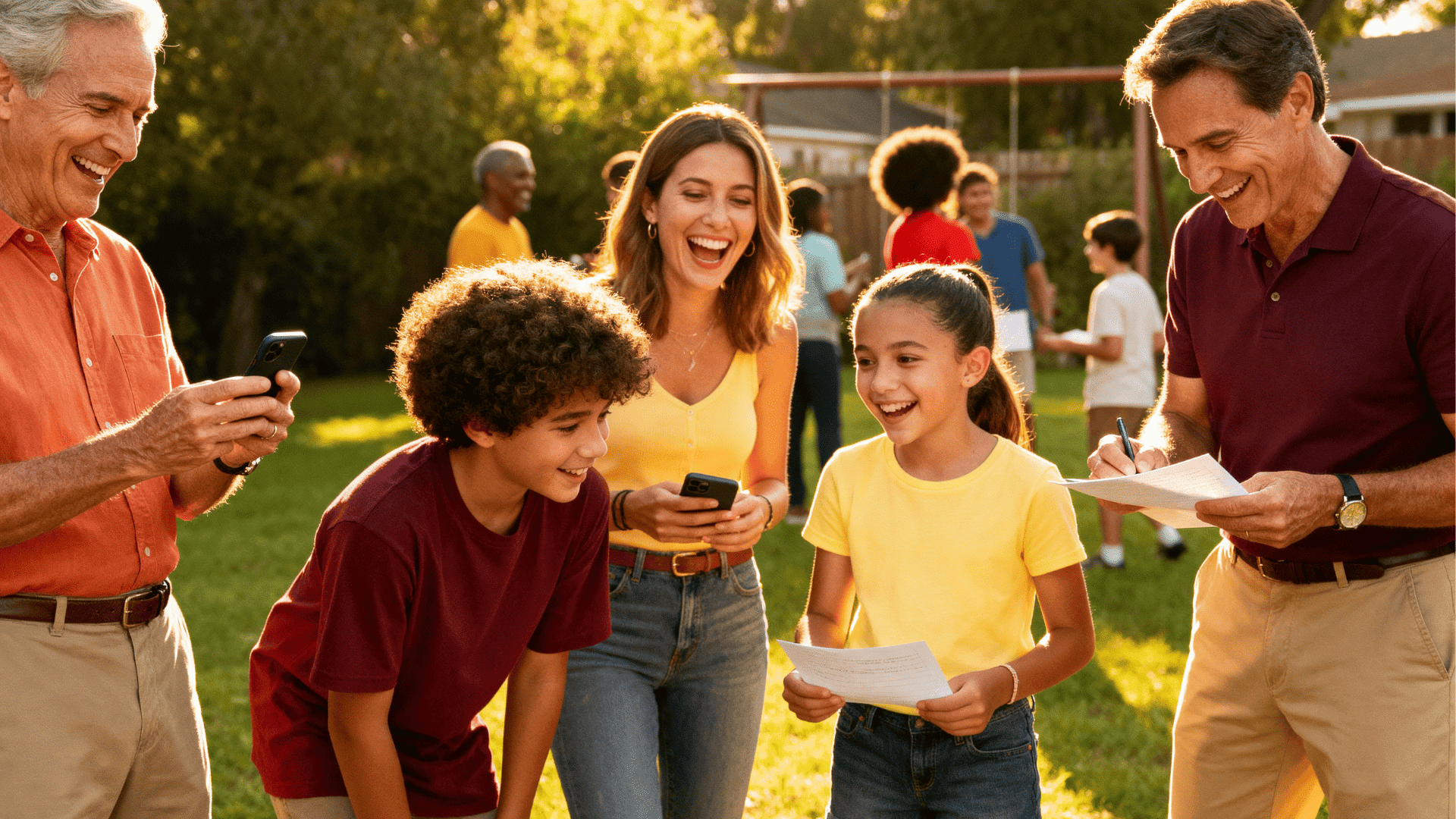 Family playing scavenger hunt at reunion, laughing while reading clues and using phones together in a sunny backyard setting
