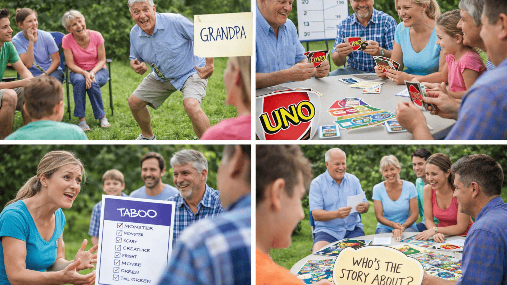 Family reunion collage showing charades, UNO tournament, Taboo game, and storytelling circle in a sunny outdoor setting