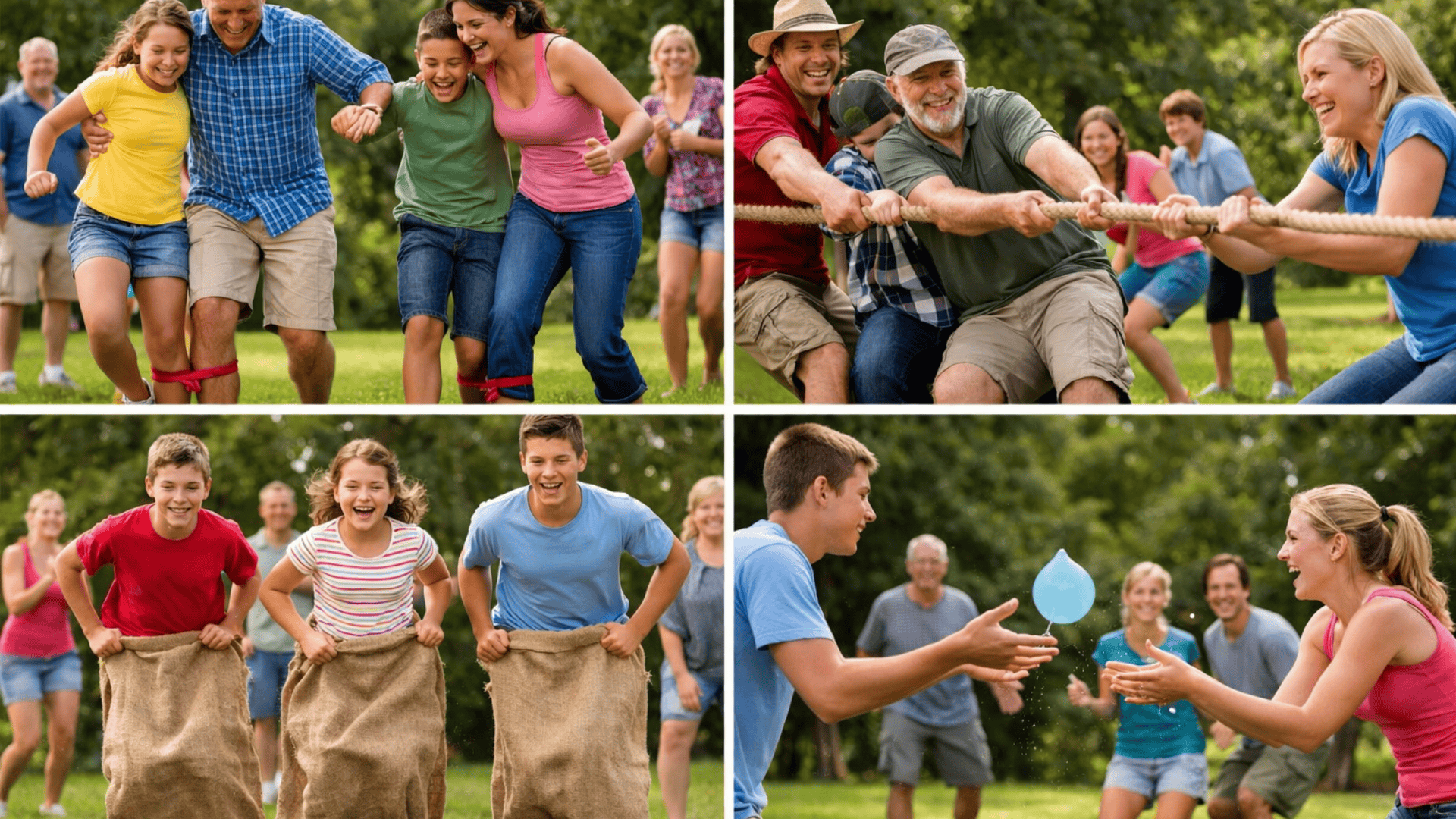 Family reunion collage showing three-legged race, tug of war, sack race, and blue water balloon toss in a sunny park setting