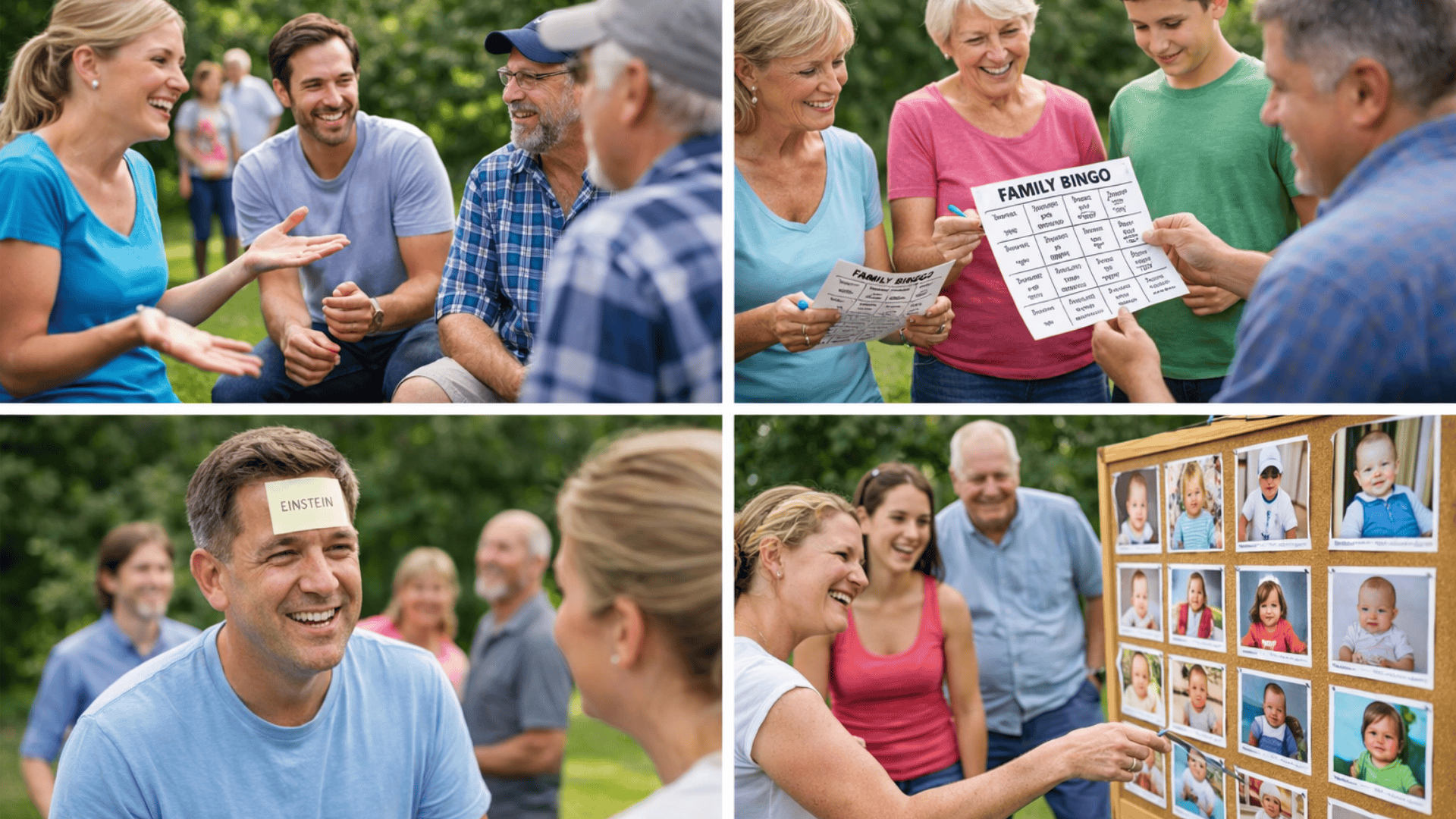 Family reunion collage with Two Truths and a Lie, Family Bingo, Who Am I game, and baby photo match activity outdoors