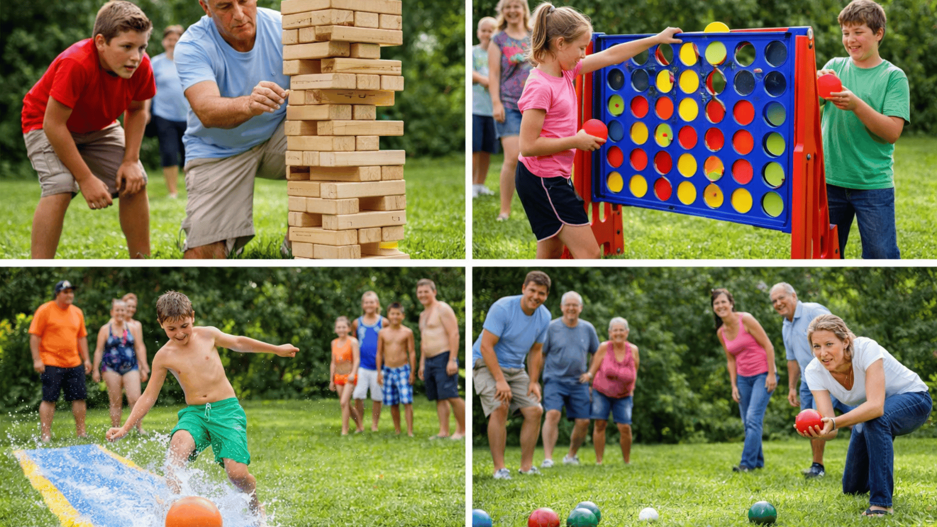 Family reunion collage with giant Jenga, Connect Four, slip-n-slide kickball, and bocce ball in a sunny outdoor setting