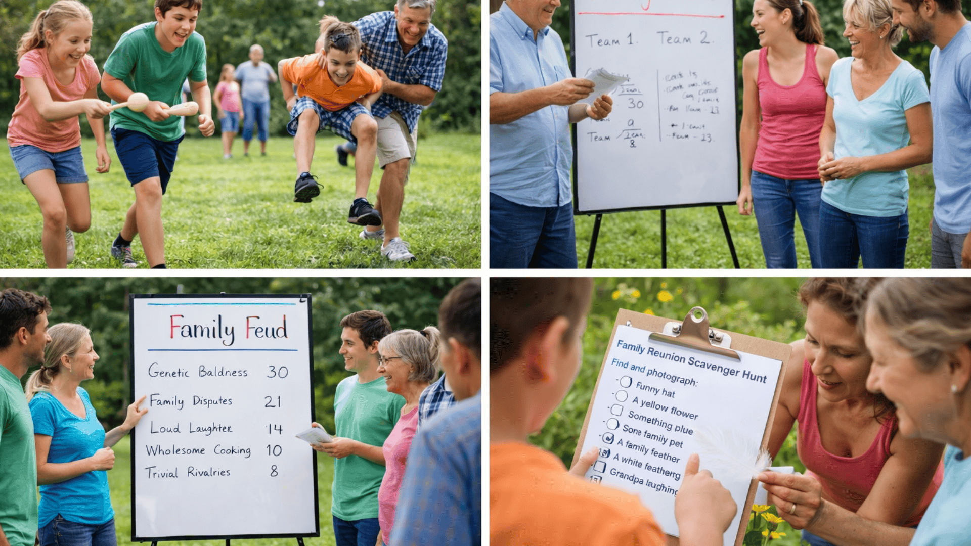 Family reunion collage with relay races, family trivia, Family Feud board, and scavenger hunt activity in a sunny outdoor setting