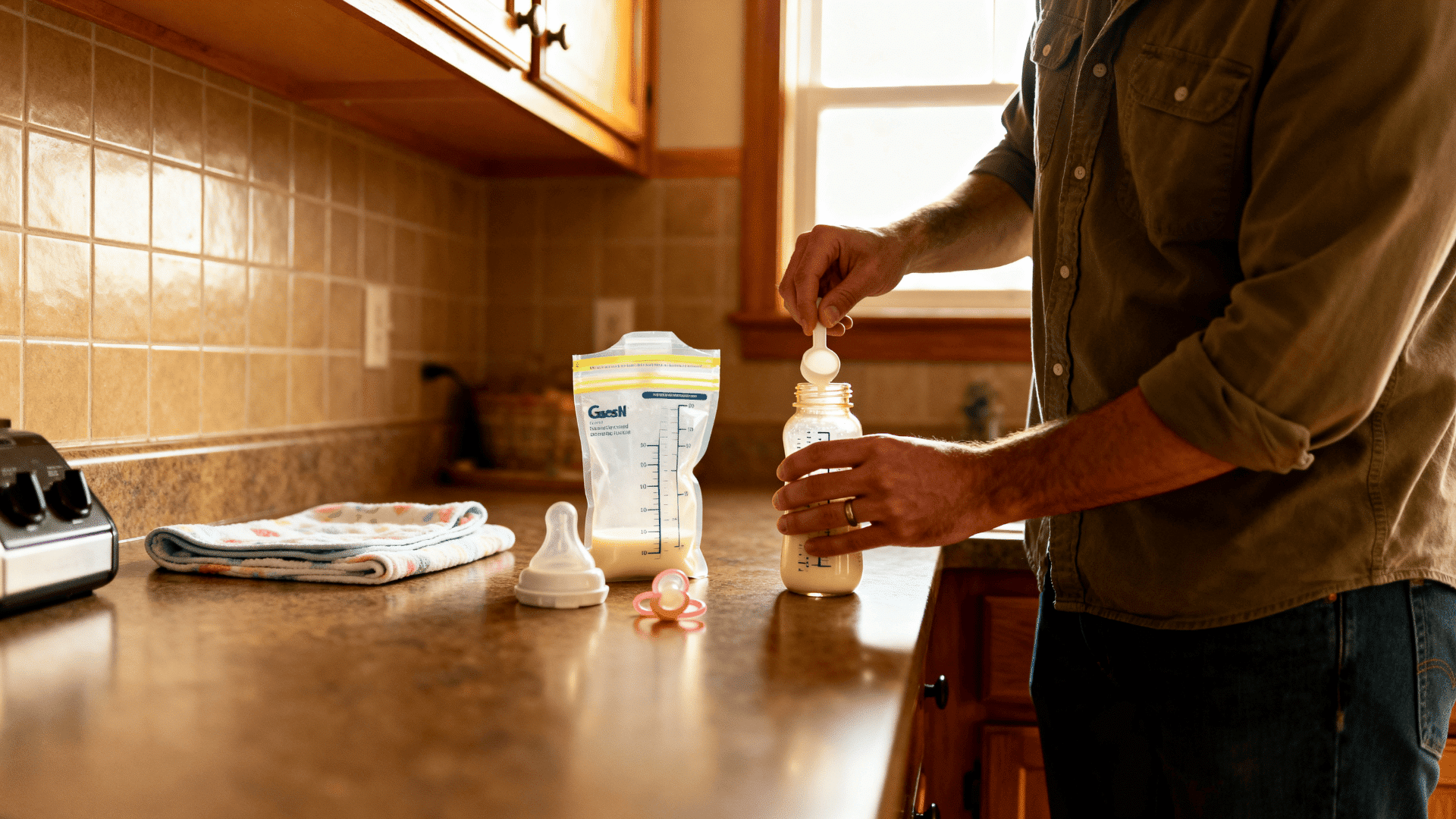 _Father in warm kitchen scoops powdered formula into a baby bottle beside a milk bag, pacifier, and folded cloth on the counter.