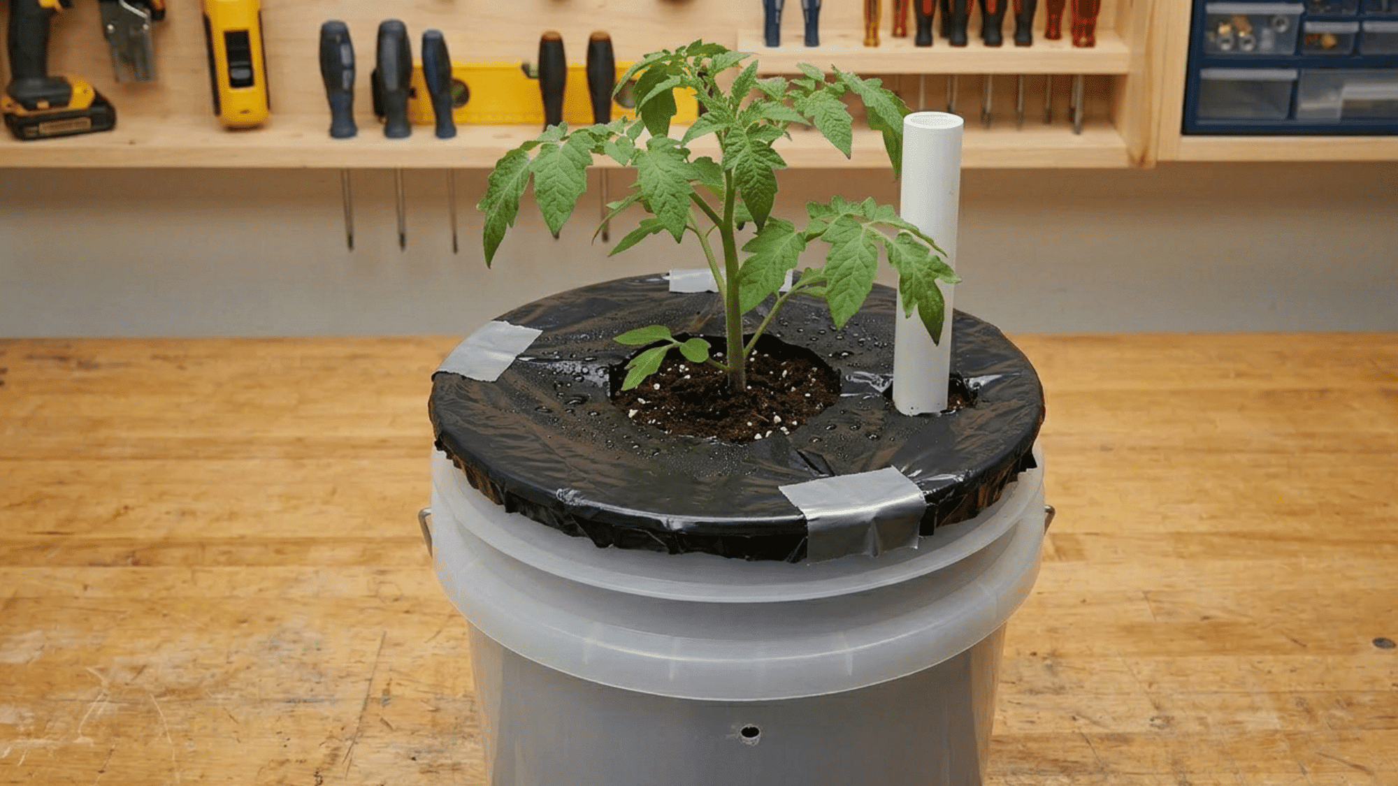 Finished DIY self watering planter with soil, plant, and plastic moisture cover.