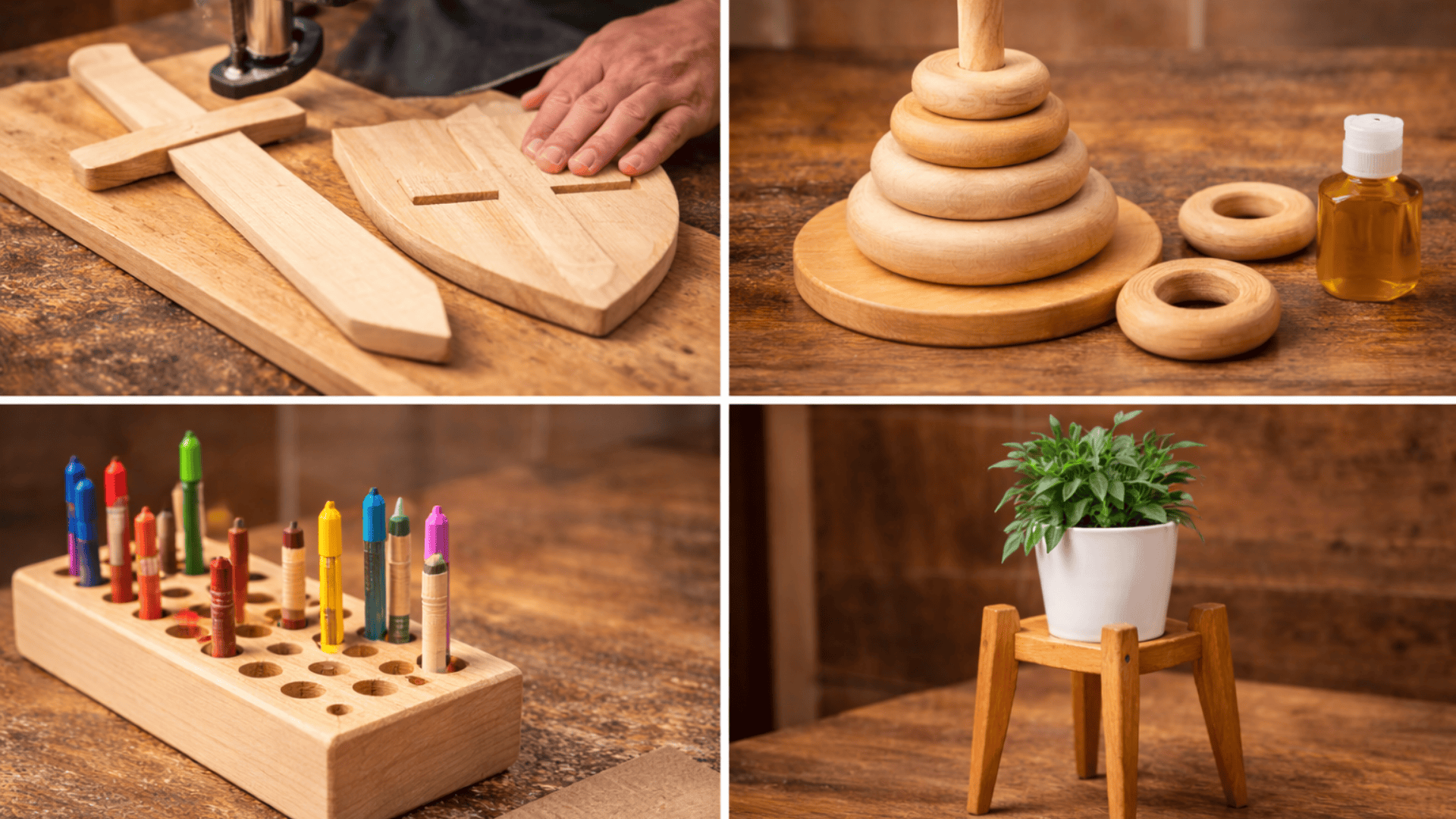 Four-image collage of handmade wooden projects toy sword and shield, stacking rings, crayon holder, and small plant stand on wood surface