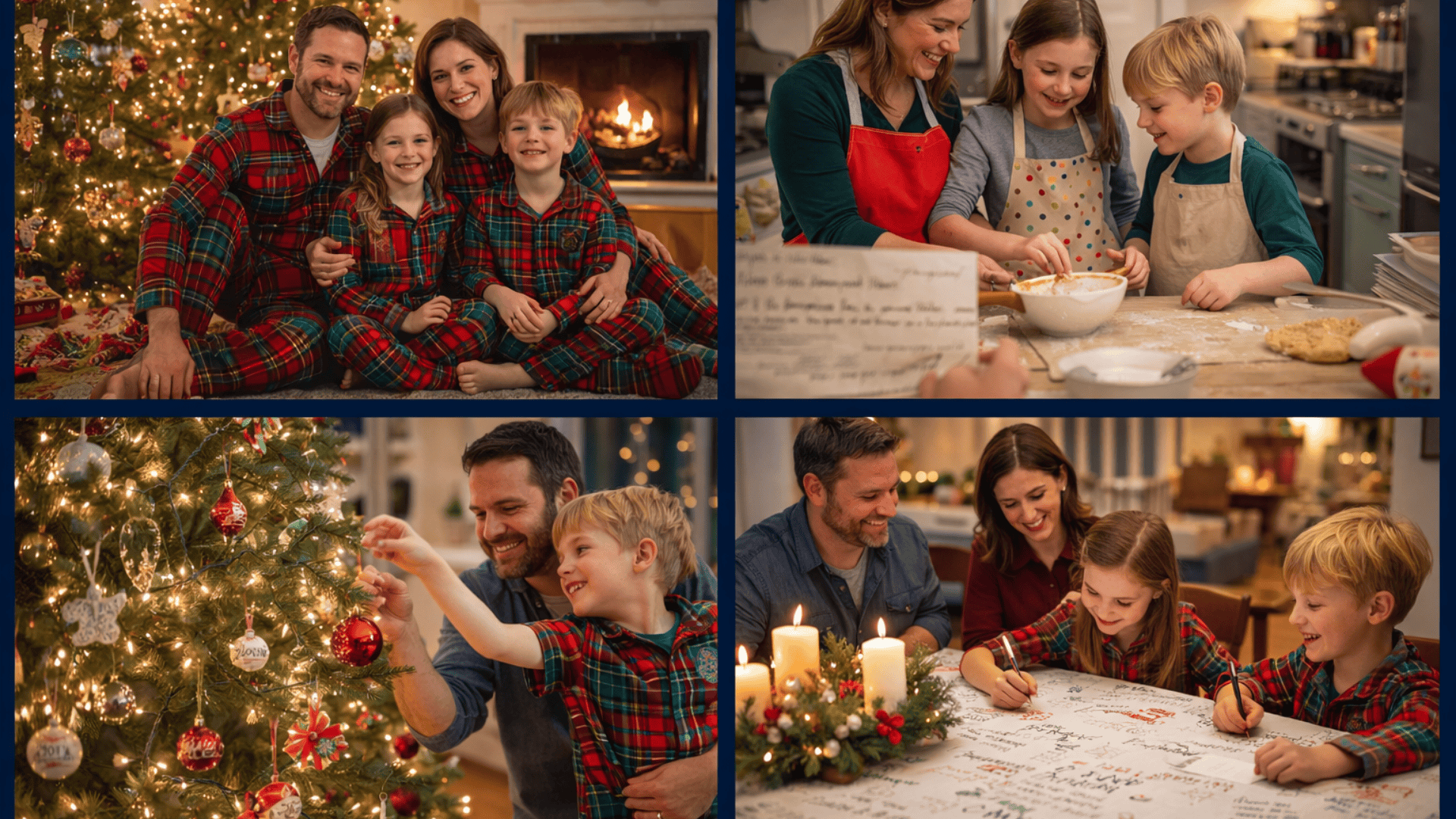 Four-panel Christmas collage family in matching pajamas, baking together, decorating tree with ornaments, and signing festive holiday tablecloth.