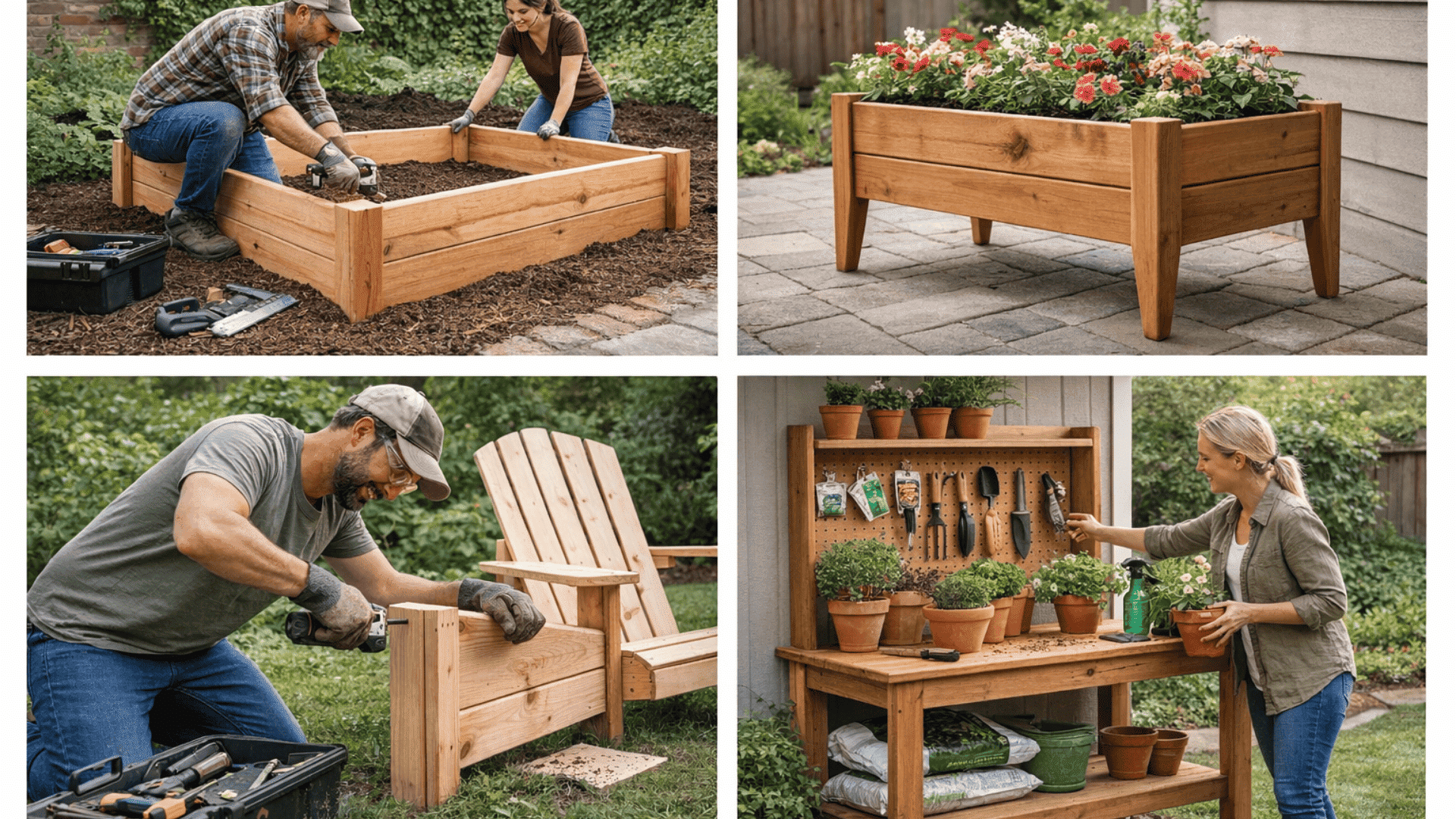 Four-panel DIY collage people building raised bed and Adirondack chair, plus planter box and potting bench in garden settings