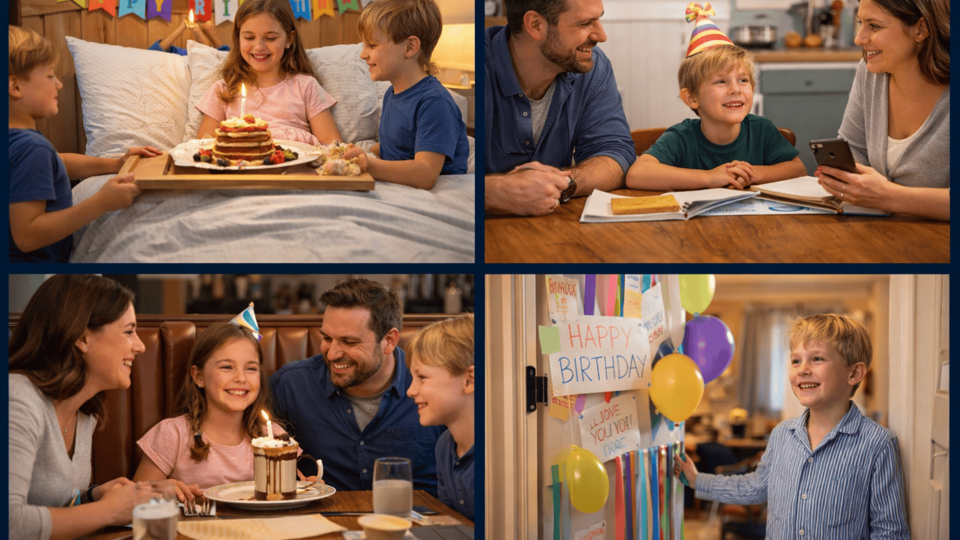 Four-panel birthday collage breakfast in bed, family interview, restaurant celebration, and decorated door with balloons and notes.