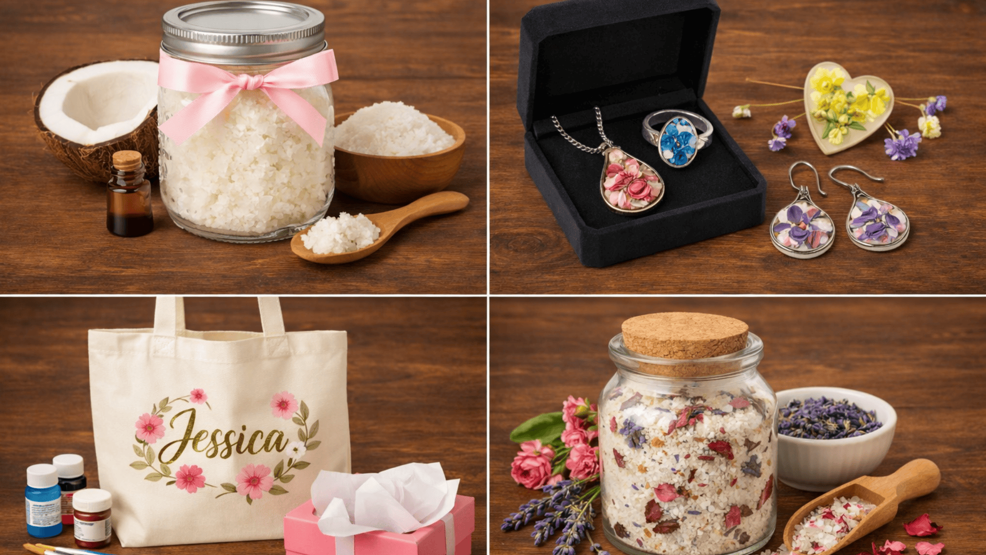 Four-panel collage of DIY gifts on a brown wooden table, featuring jars, floral jewelry, a custom tote bag, and bath salts.