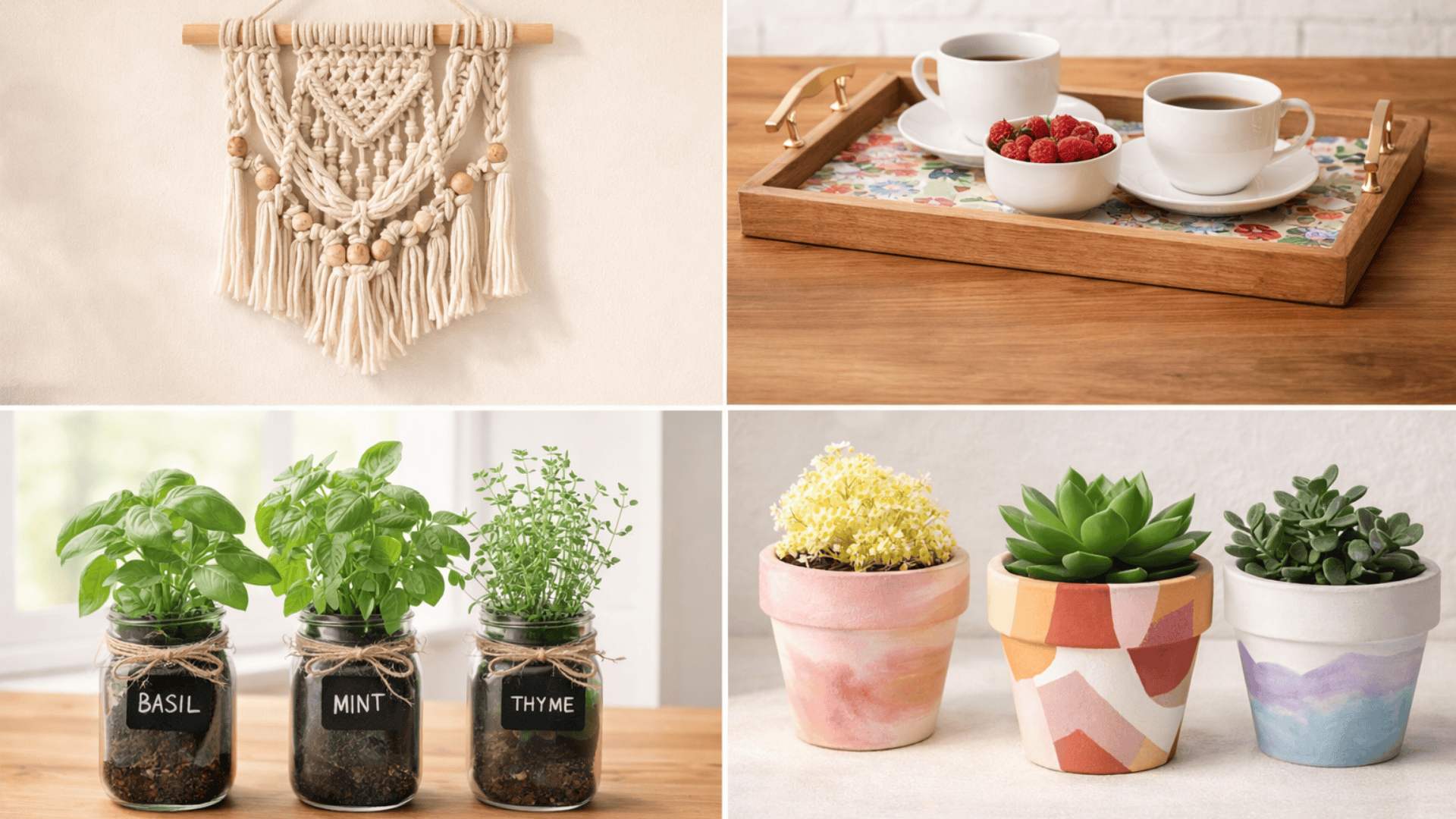 Four-panel collage of DIY home gifts featuring macramé, a floral serving tray, herb jars, and painted terracotta pots.