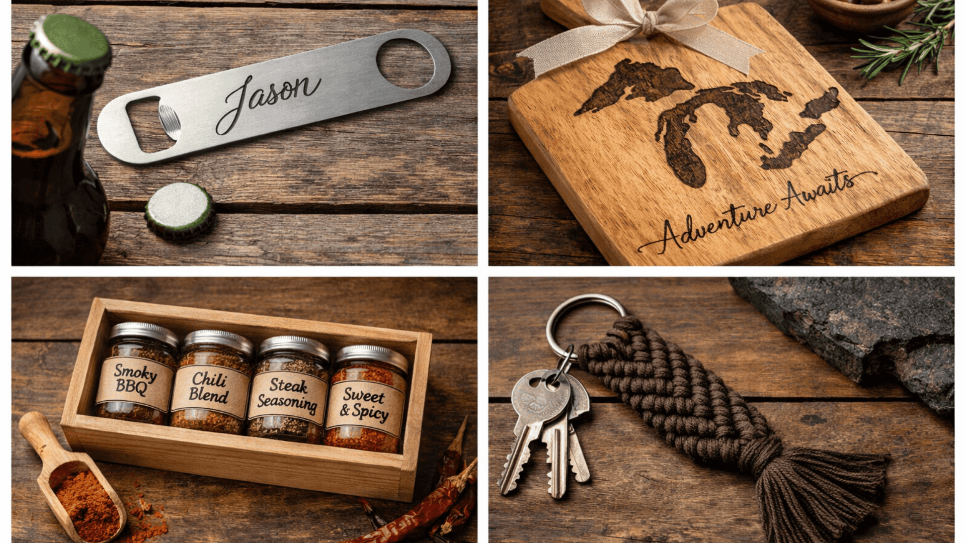 Four-panel collage of handmade gifts engraved bottle opener, woodburned cutting board, spice jars in box, and macramé keychain on wood background