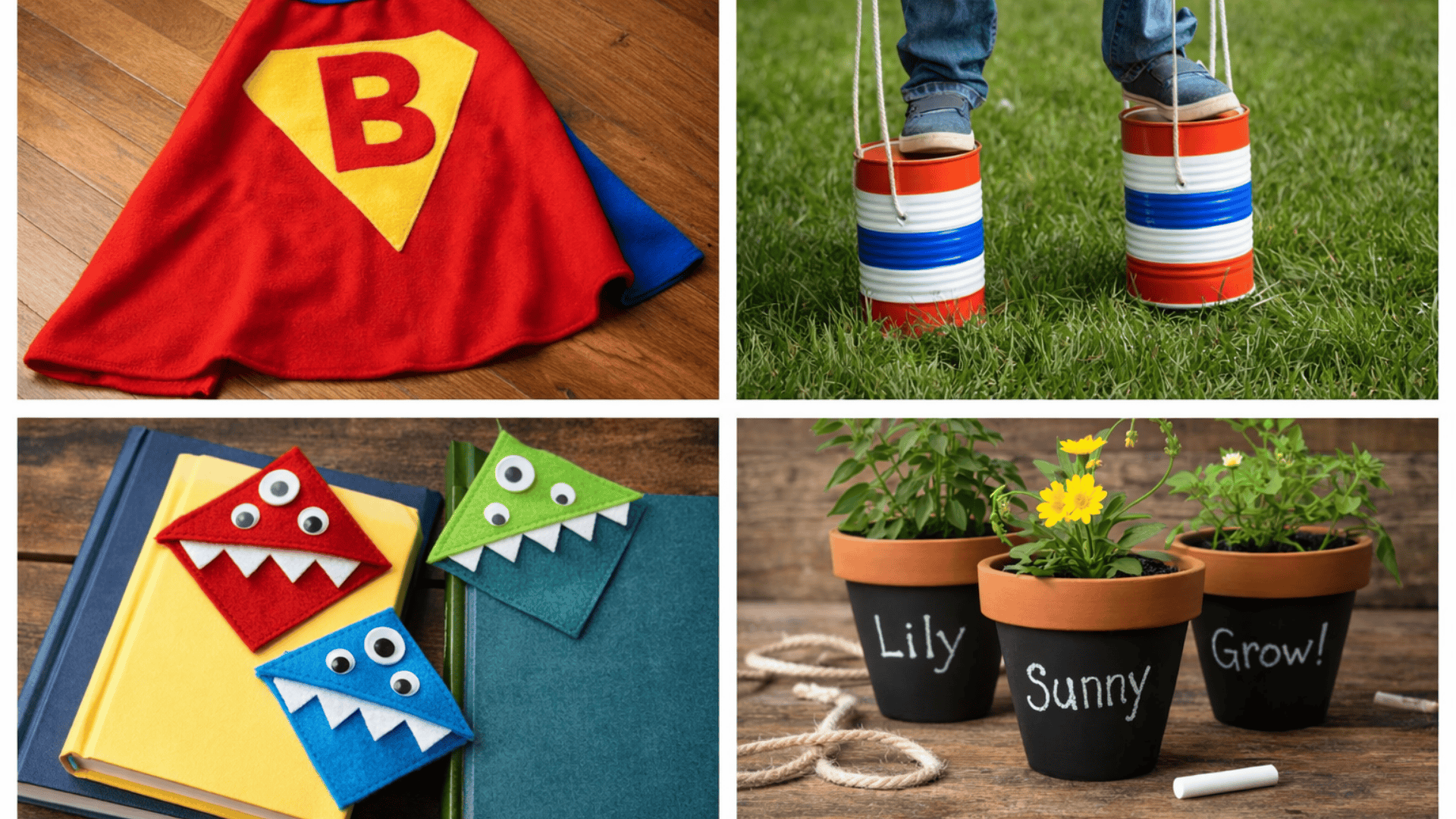 Four-panel collage of kids crafts superhero cape, tin can stilts, felt bookmark monsters, and chalkboard painted pots