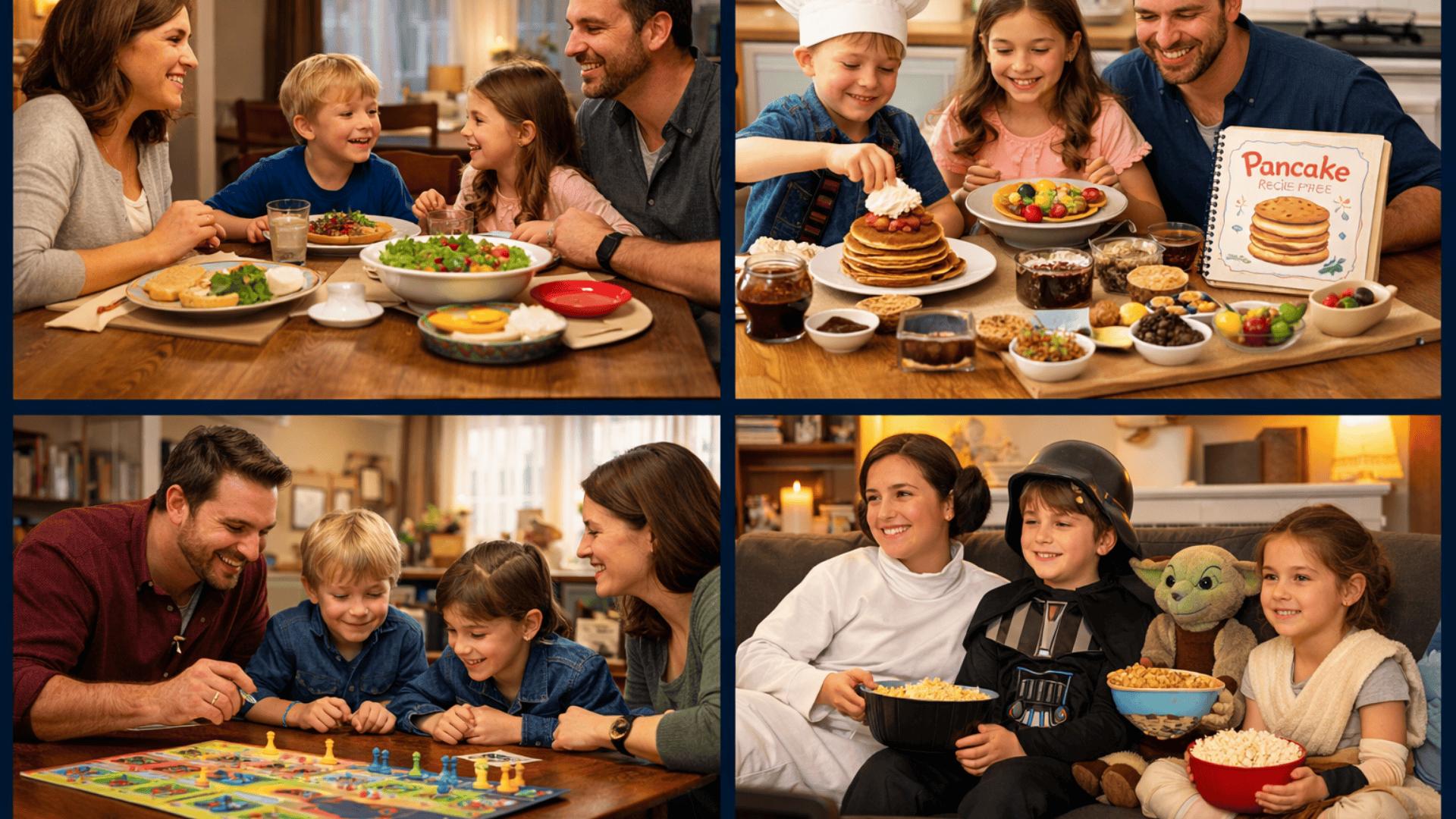 Four-panel family collage dinner chat, pancake breakfast, board game night, and cozy movie night in a warm home setting.
