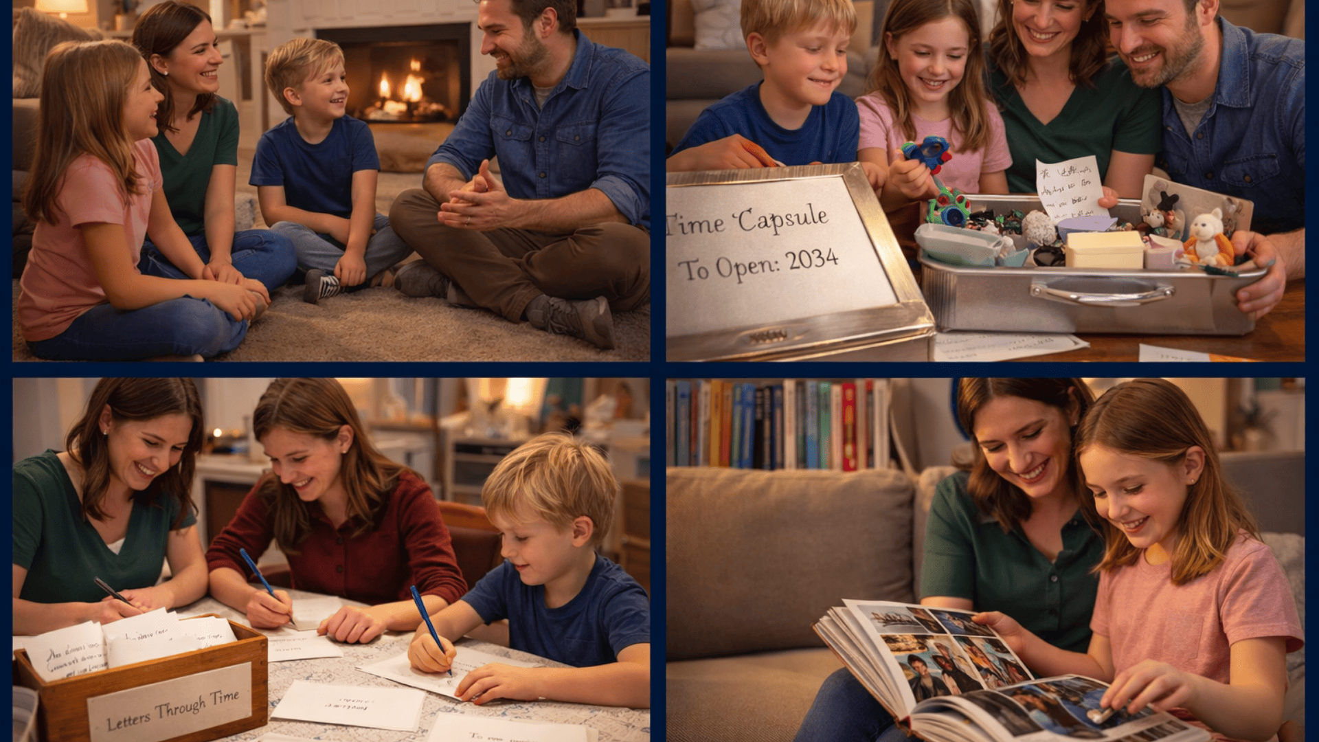 Four-panel family collage storytelling night, creating a time capsule, writing letters, and flipping through a yearly photo book together.