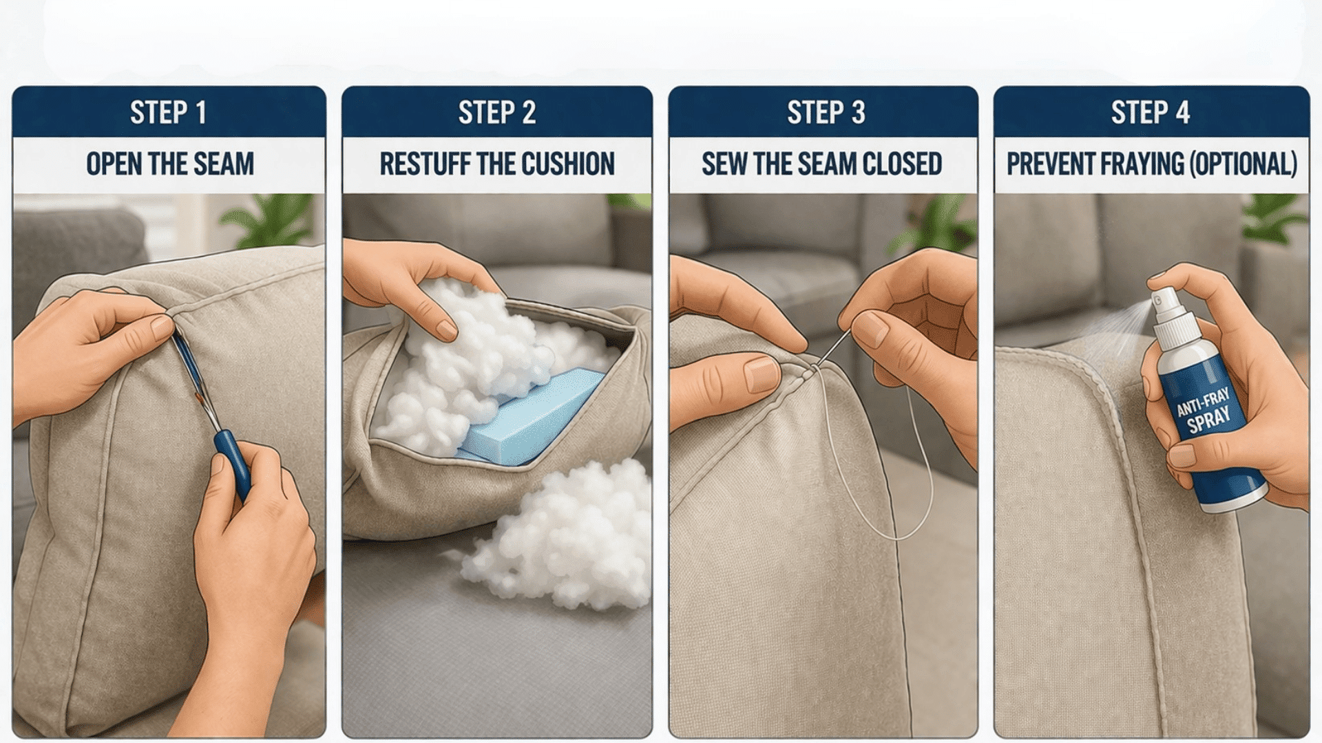 Four-step infographic showing how to restuff couch cushions without a zipper, including opening seam, adding filling, sewing closed, and preventing fray