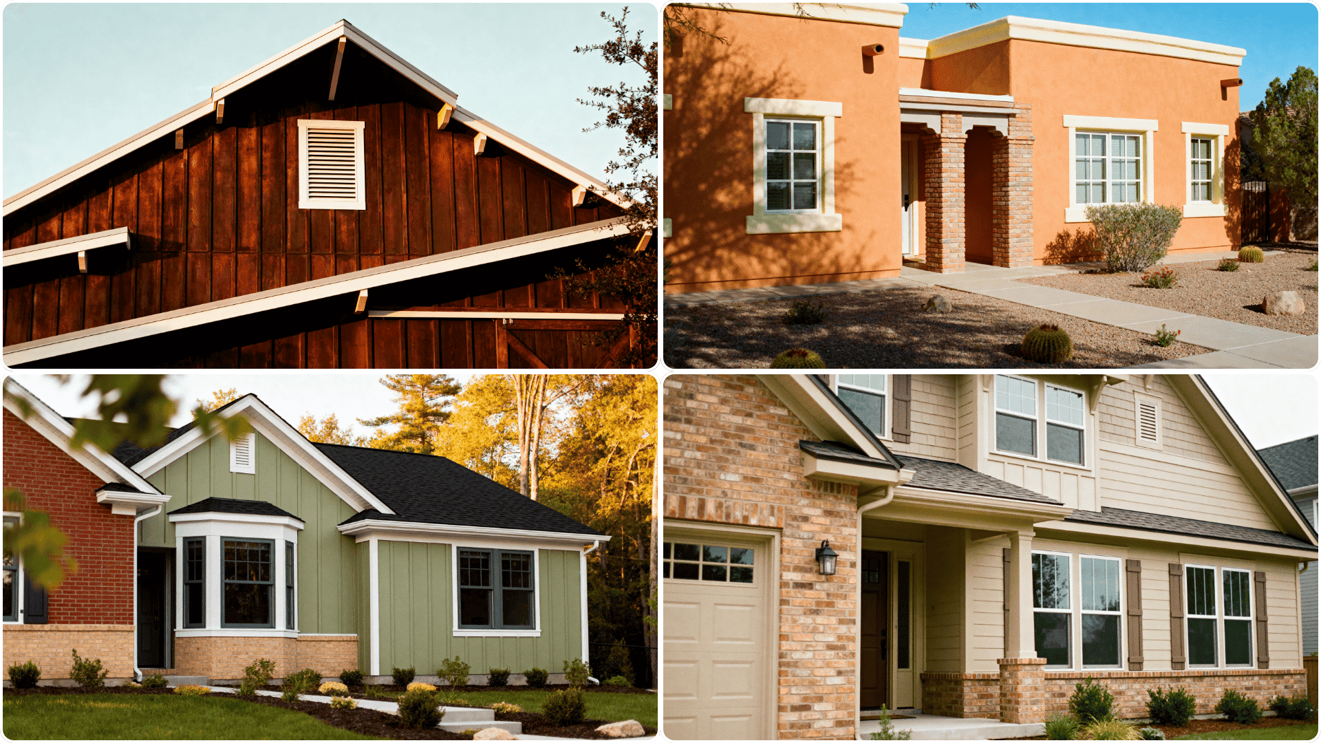 Four warm-toned home exteriors including terracotta stucco, wood siding, green cottage, and beige brick suburban house with landscaping.