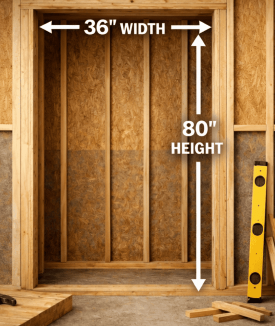 Framed wall opening labeled 36 inch width and 80 inch height for interior door, with exposed studs, header beam, and construction tools nearby