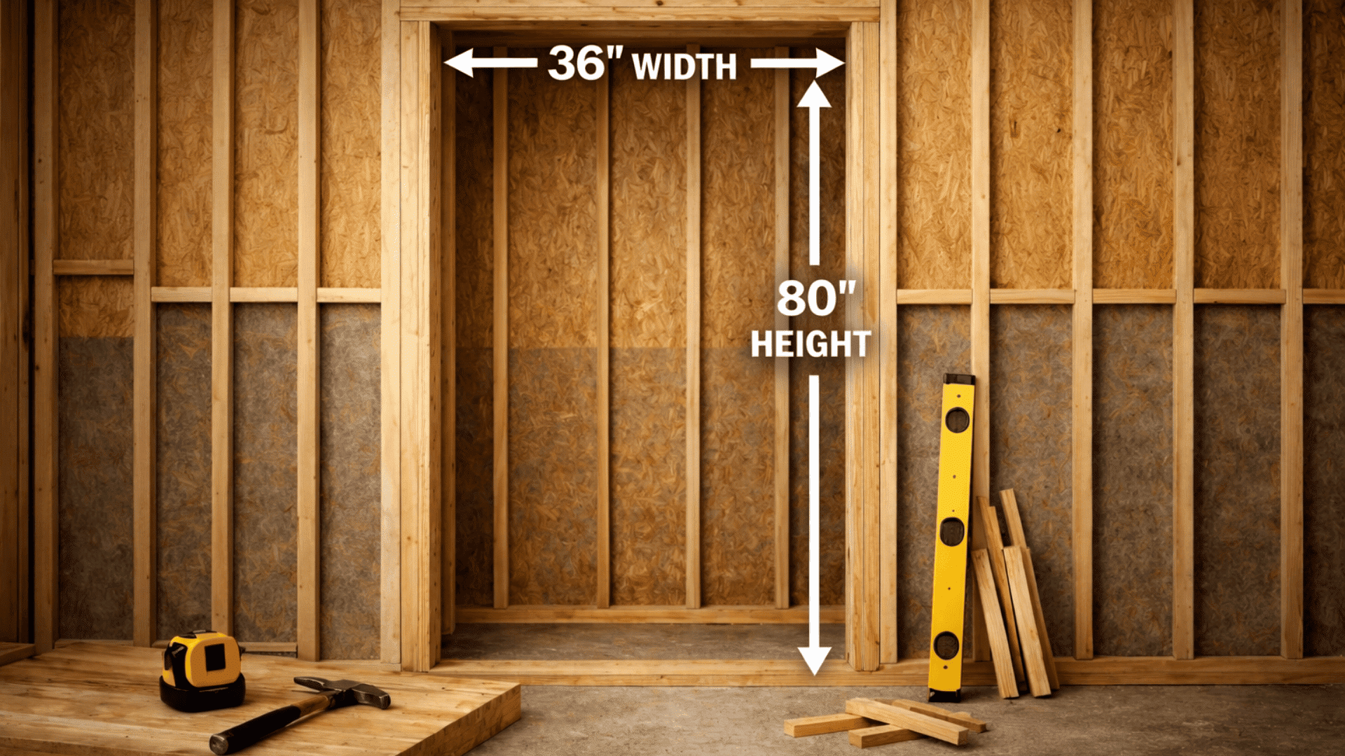 Framed wall opening labeled 36 inch width and 80 inch height for interior door, with exposed studs, header beam, and construction tools nearby