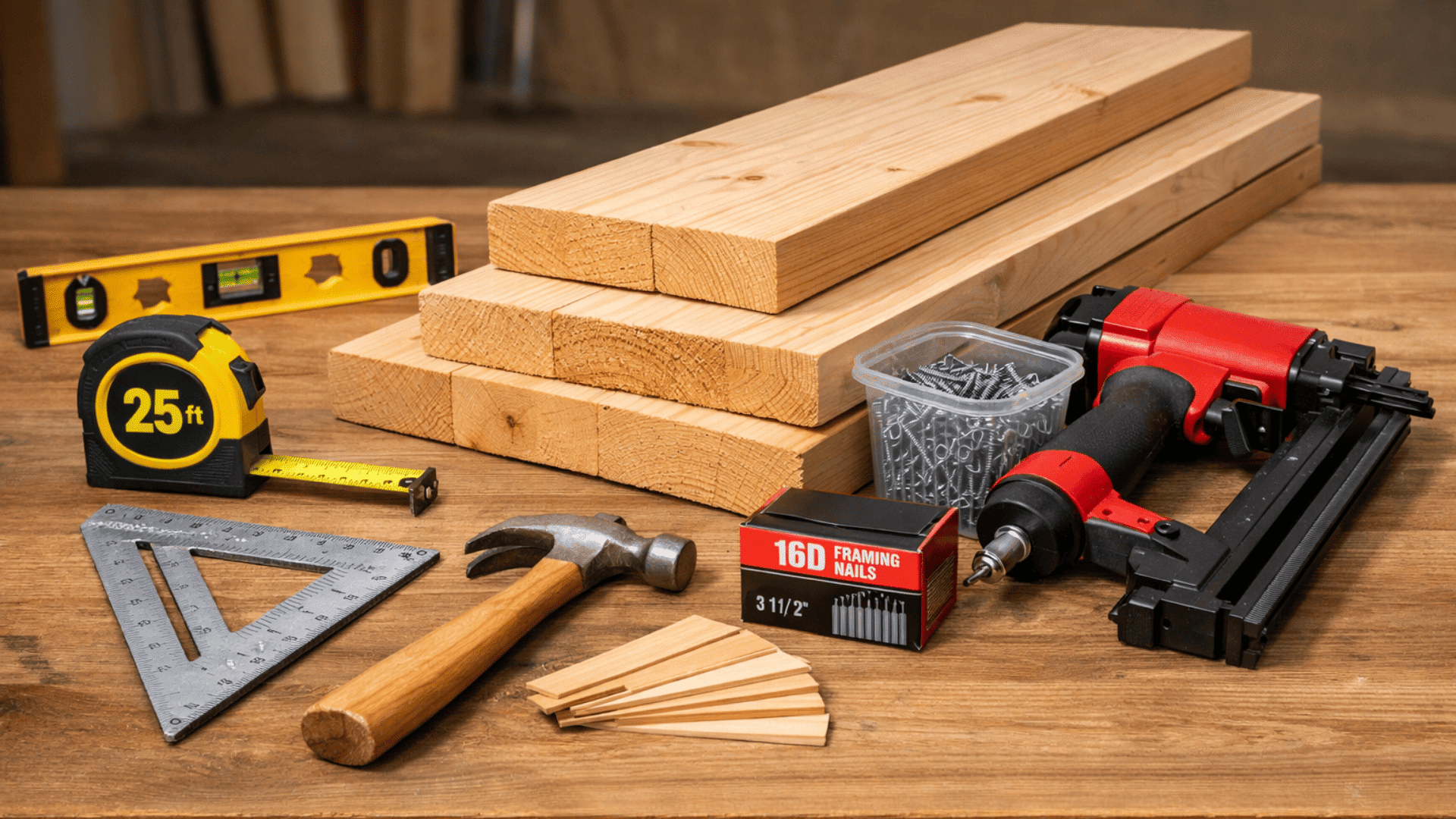 Framing tools and materials on a wooden table including lumber, tape measure, level, square, hammer, nails, screws, and nail gun neatly arranged