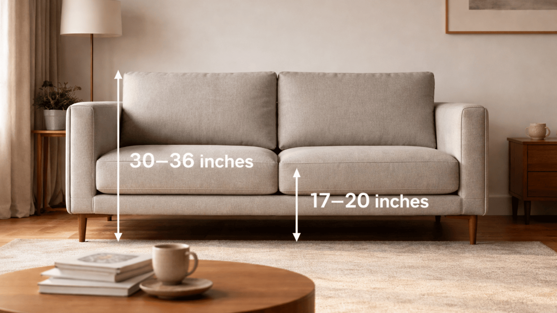 Front-facing sofa with height measurements (30–36 inches total, 17–20 seat), coffee table in front, minimal modern living room